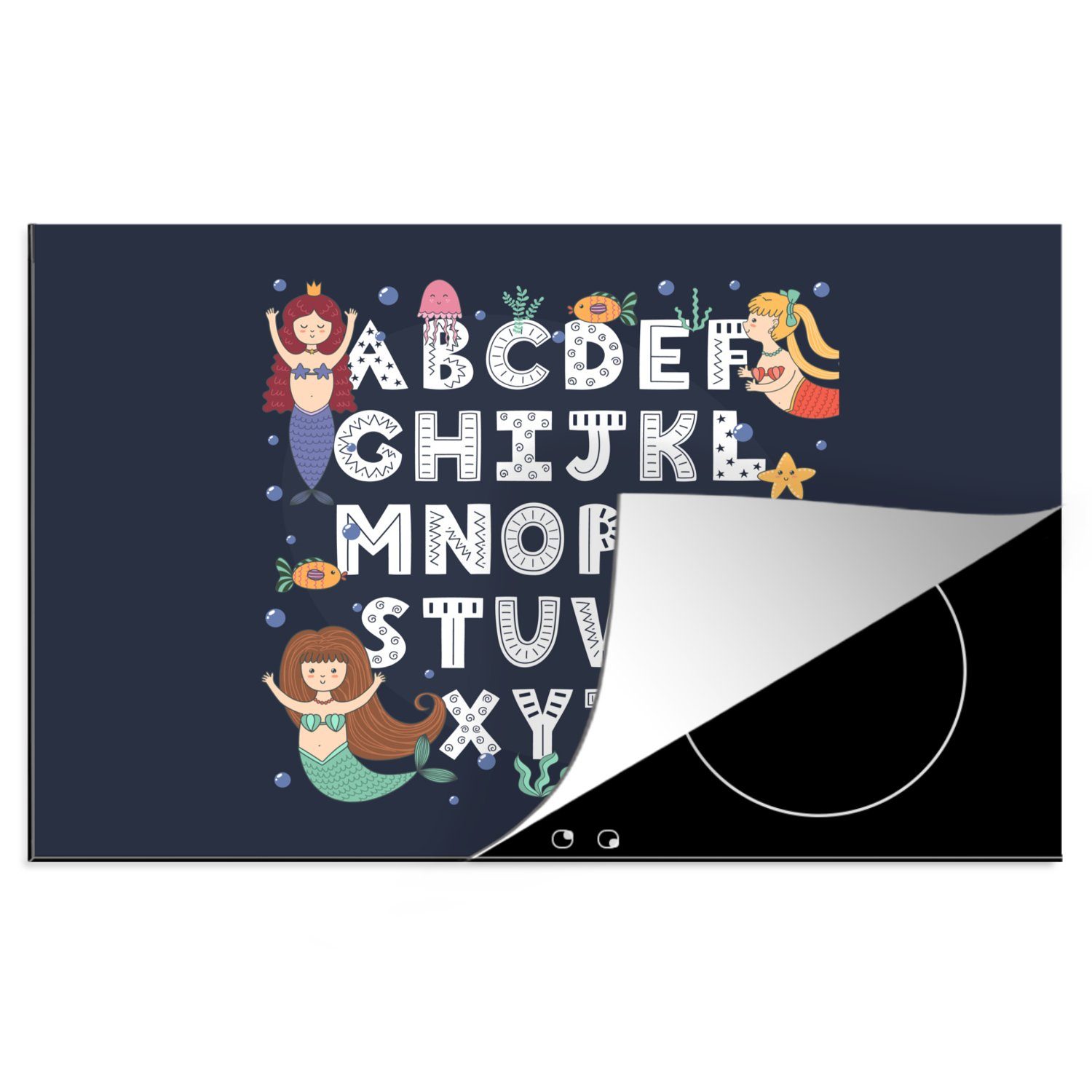 MuchoWow Herdblende-/Abdeckplatte Illustration Alphabet mit Meerjungfrauen, Vinyl, (1 tlg), 81x52 cm, Induktionskochfeld Schutz für die küche, Ceranfeldabdeckung