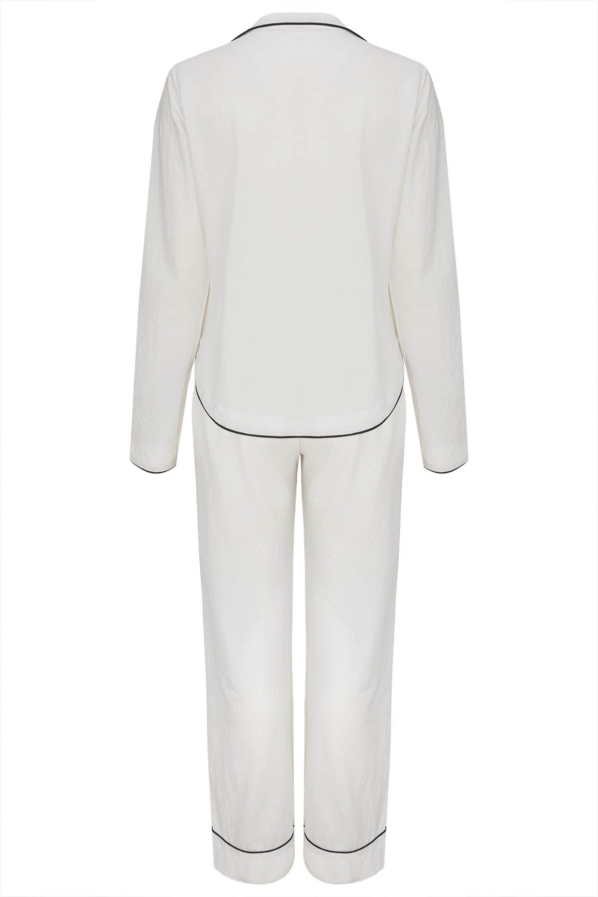 Mademoiselle Sommeil Pyjama Schlafanzug aus Viskose – Weiß mit schwarzer Paspel (2 tlg) Langarm, Knopfleiste & Hose