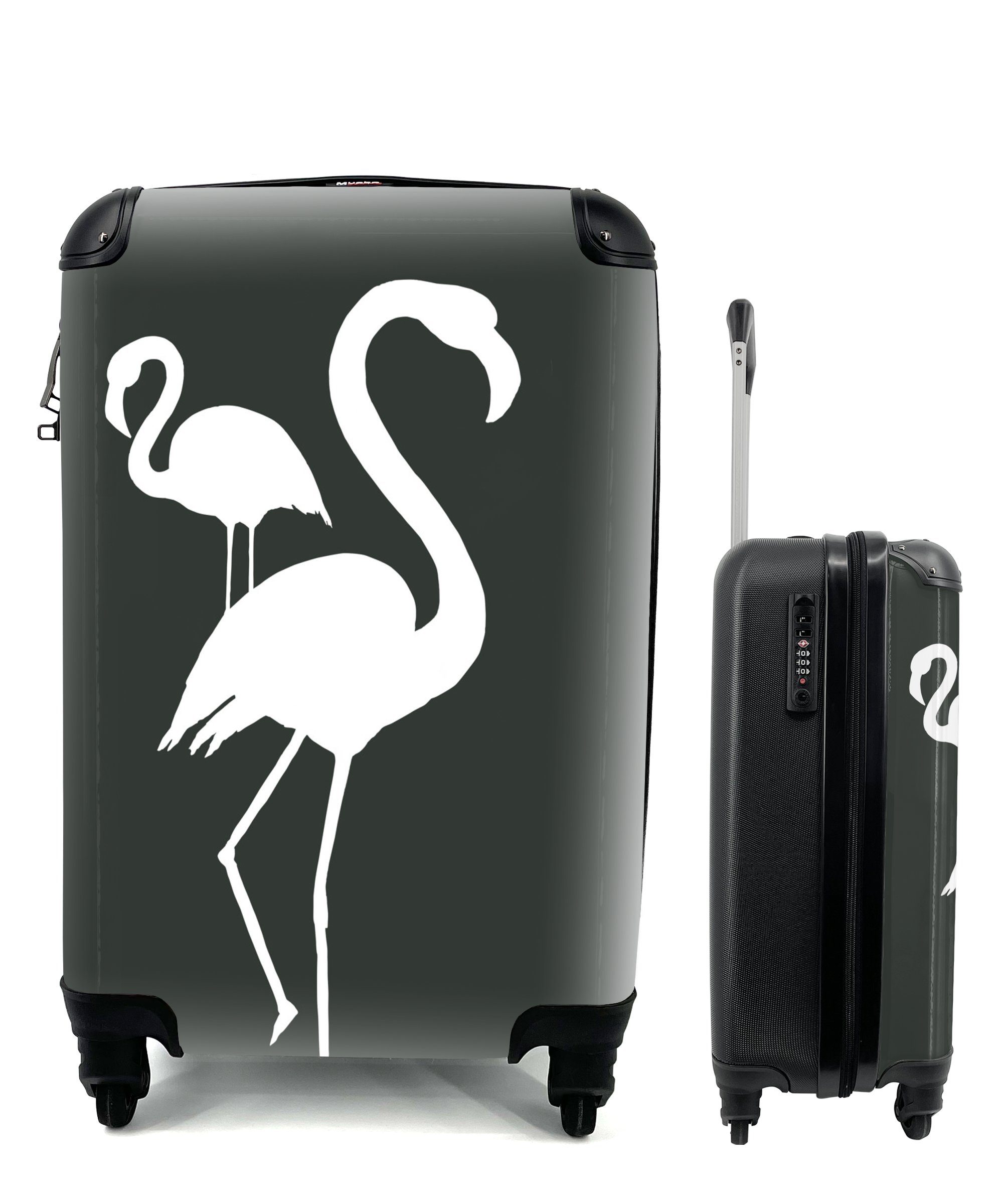 Handgepäckkoffer Reisekoffer Illustration mit - für Flamingo Trolley, 4 Reisetasche Handgepäck Weiß, Rollen, rollen, MuchoWow - Ferien,