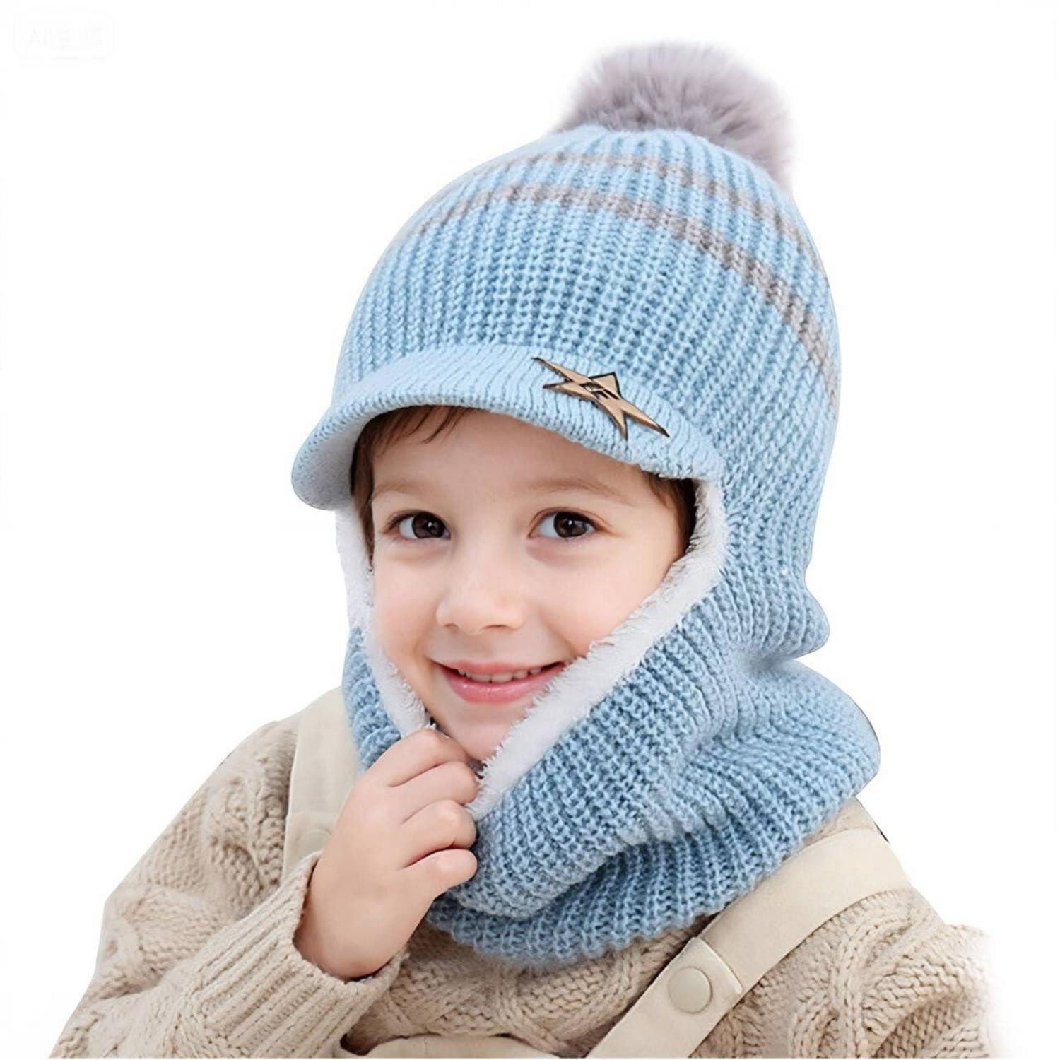 Sturmhaube Schlupfmütze Kinder Thermo Fleece Gefüttert Bommel Blau
