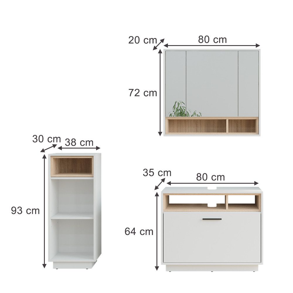 Vicco Badmöbel-Set Beatrice, Weiß/Sonoma, 3 Teile mit Midischrank, (3-St., 3er Set)