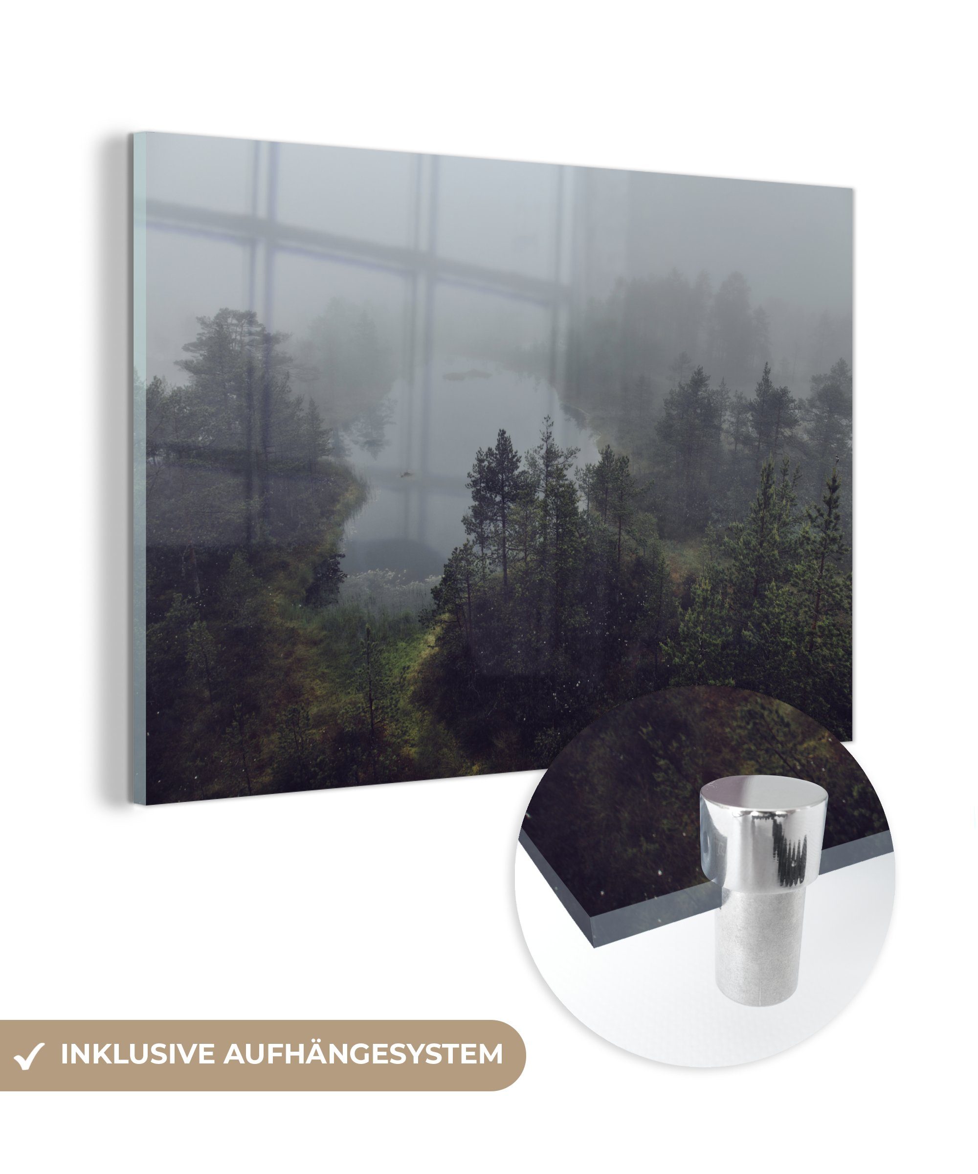 MuchoWow Acrylglasbild Nebel über den Bäumen und dem Sumpfgebiet des estnischen Nationalparks, (1 St), Acrylglasbilder Wohnzimmer & Schlafzimmer