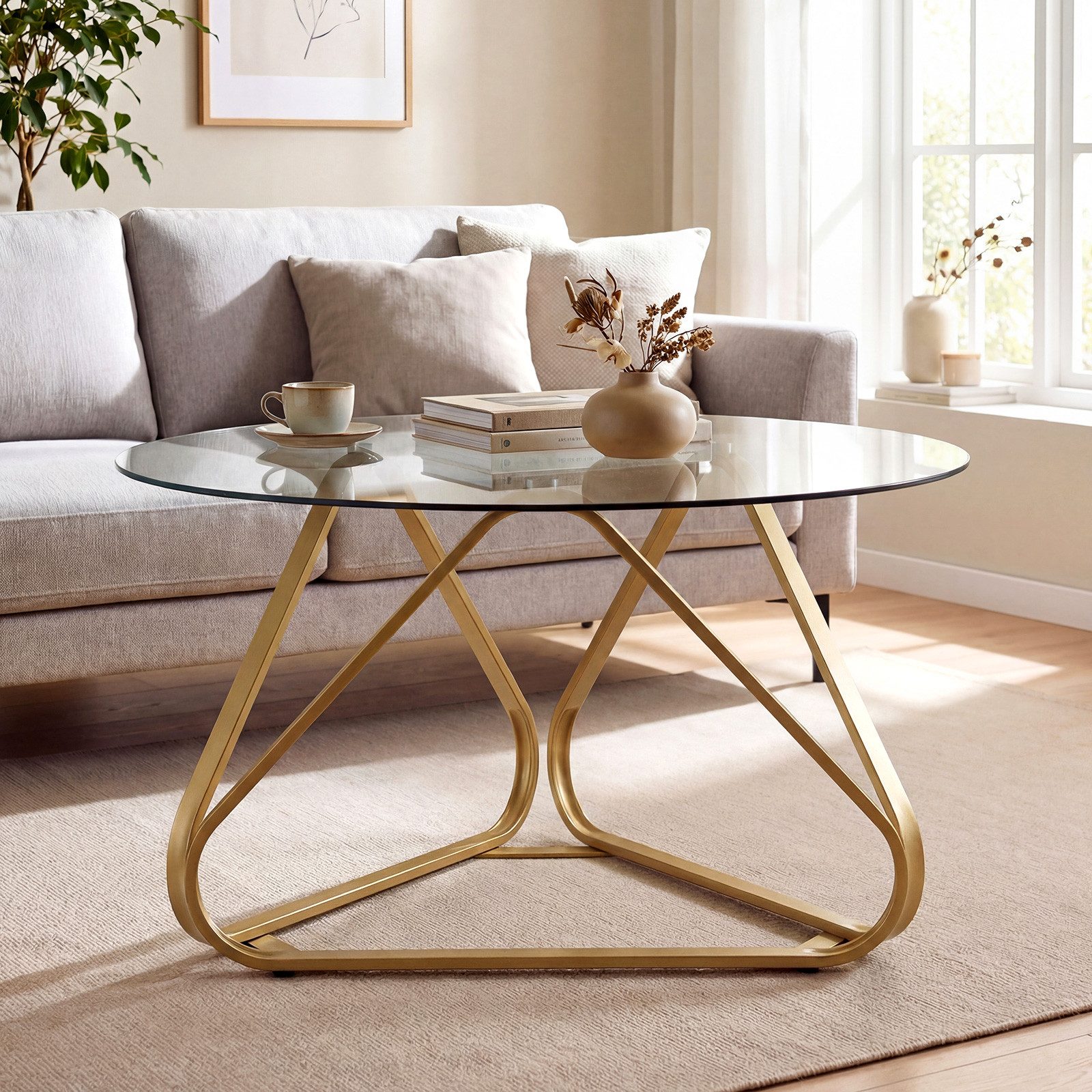 COSTWAY Couchtisch, rund Wohnzimmertisch aus gehärtetem Glas & Metallrahmen
