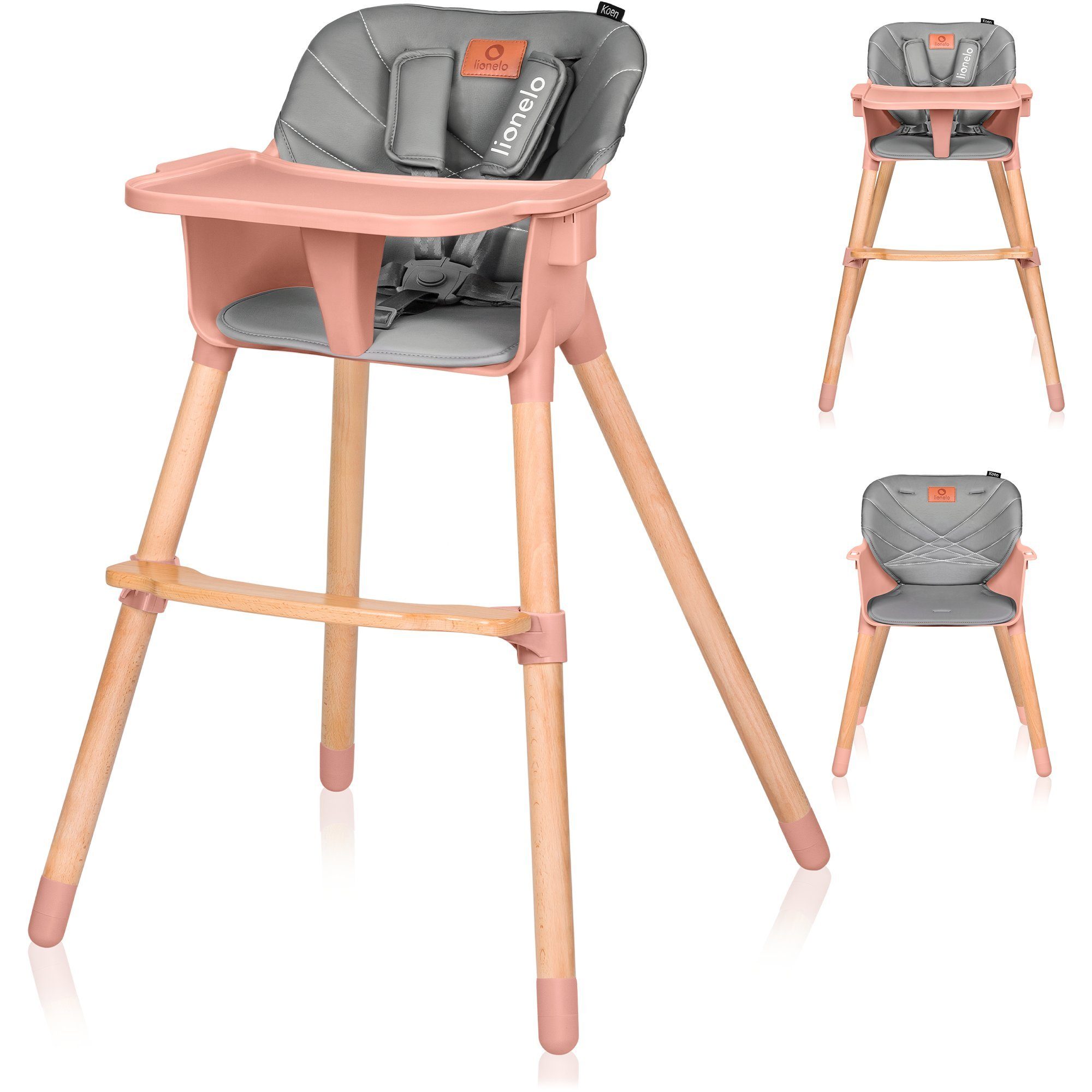 lionelo Hochstuhl Koen (TOP), 2in 1: Babyhochstuhl + Stuhl, skandinavisches Design, Buchenholz und ABS-Kunststoff, bis zu 40 kg, Anti – Rutsch, Fußstütze, Tablett Rosa