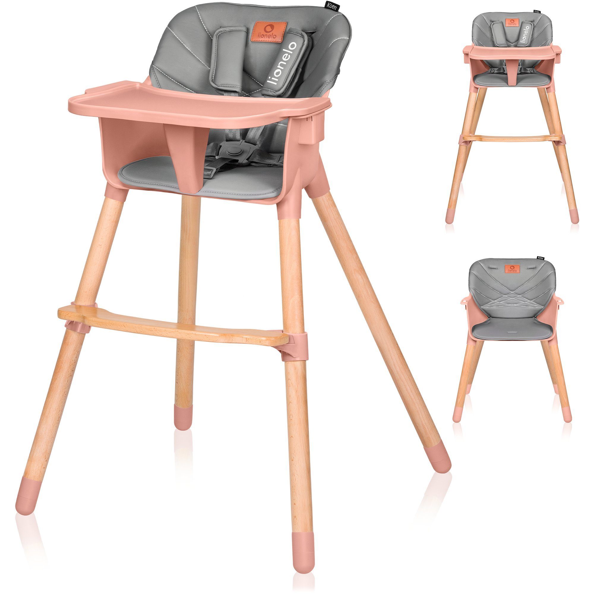 lionelo Hochstuhl Koen (TOP), 2in 1: Babyhochstuhl + Stuhl, skandinavisches Design, Buchenholz und ABS-Kunststoff, bis zu 40 kg, Anti – Rutsch, Fußstütze, Tablett