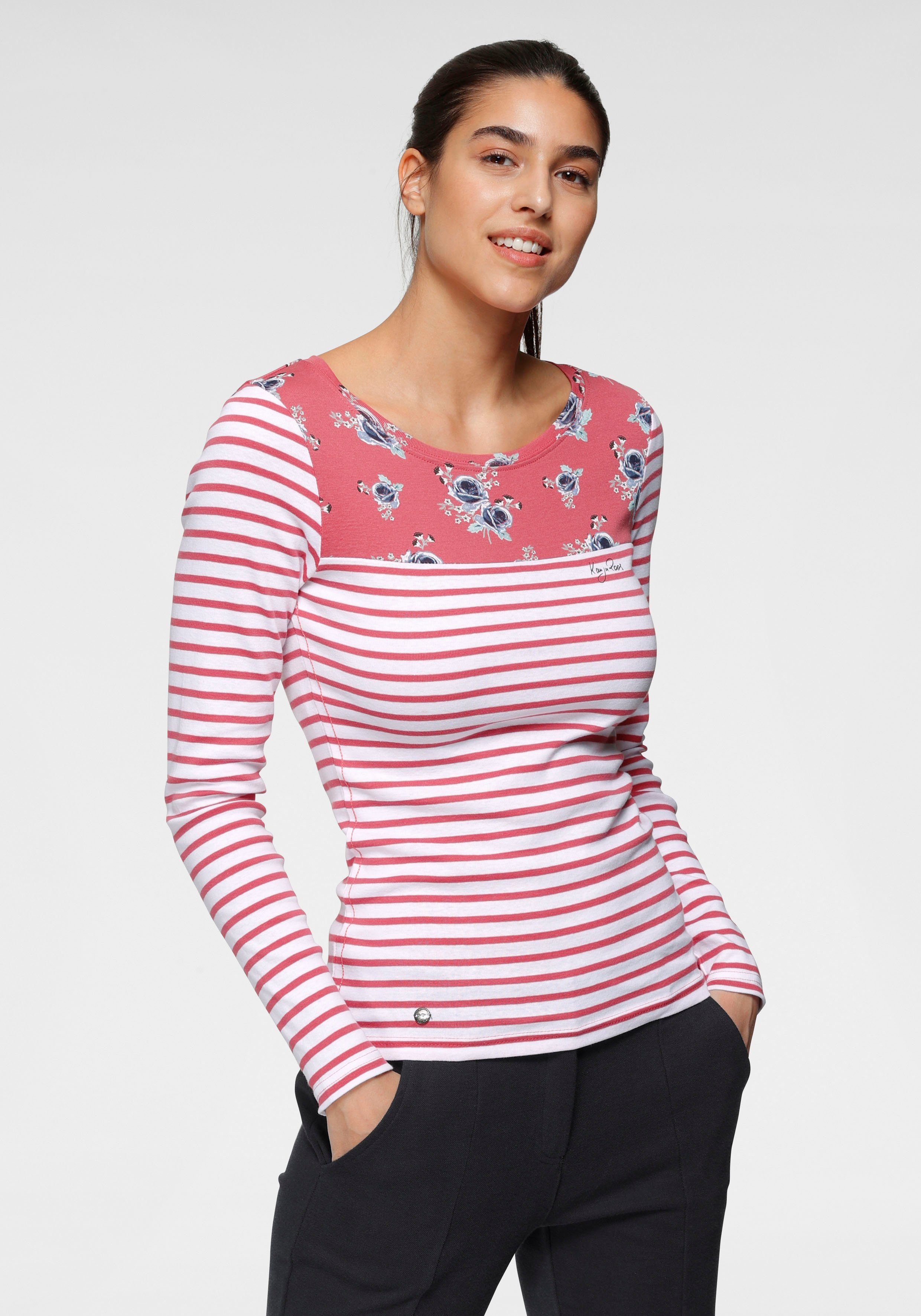 Damen Shirts KangaROOS Langarmshirt mit modischem Streifen und Blumen-Mix
