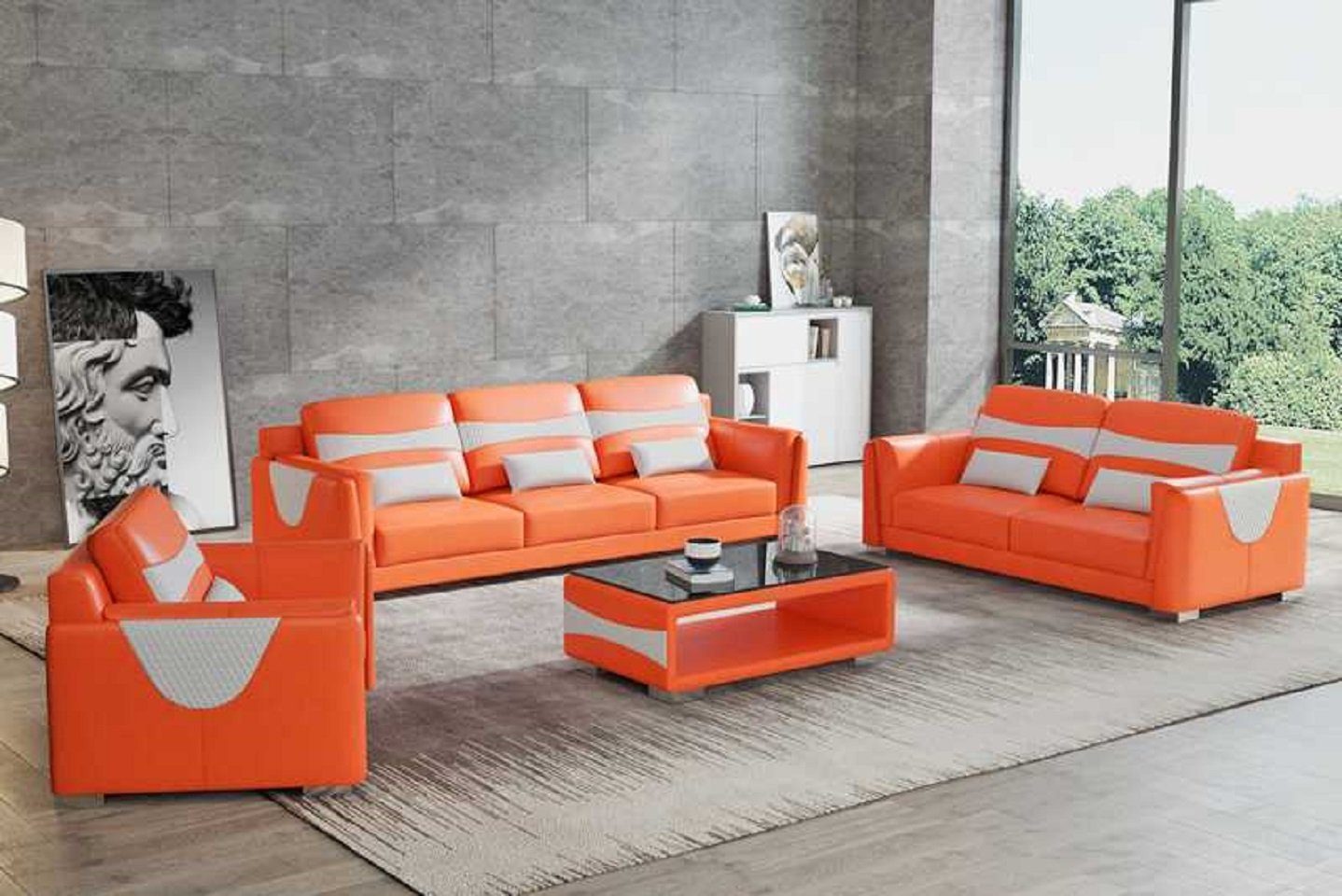 JVmoebel Wohnzimmer-Set Sofagarnitur Luxus Komplette Couchgarnitur Kunstleder Sofa 321, (3-St., Nur Sofa 2+3 Sitzer + Sessel), Made in Europe Orange/Weiß