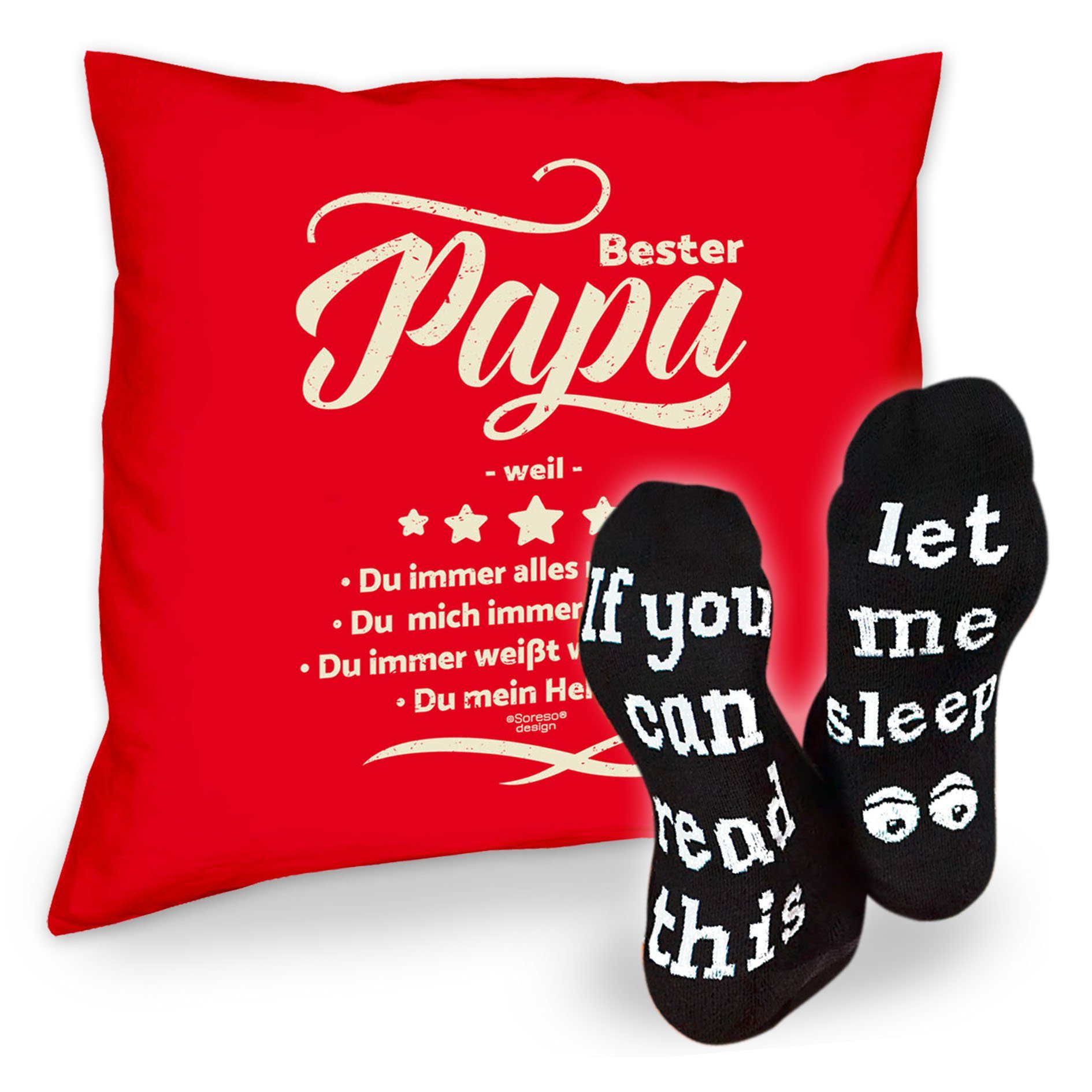 Soreso® Dekokissen Kissen Bester Papa weil & Sprüche Socken Sleep, Geschenk Geburtstagsgeschenk rot