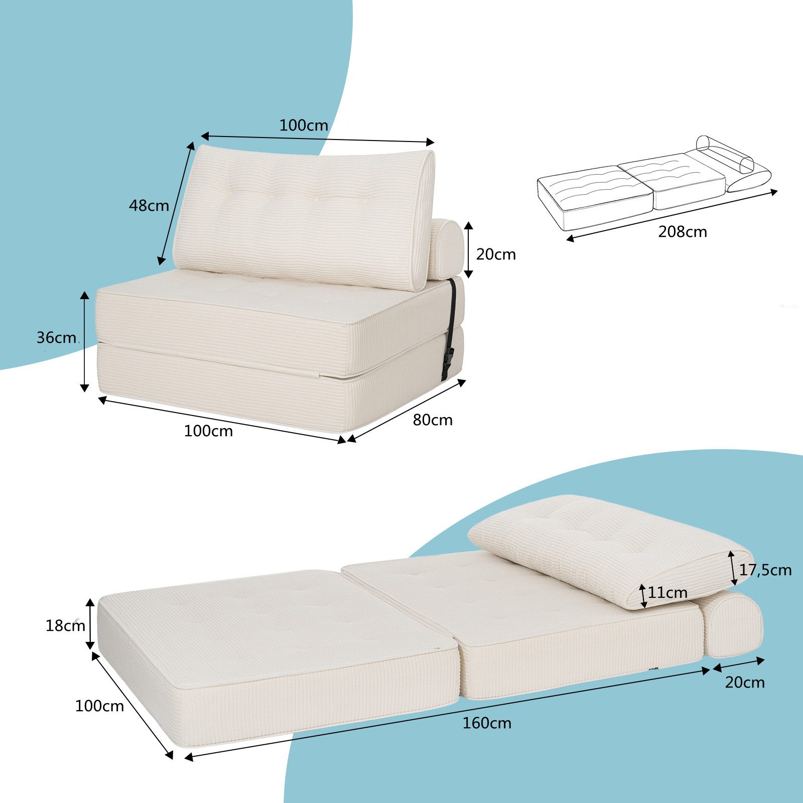MECO Schlafsofa 3-in-1 umwandelbarer Klappsofa Bett Schlafsessel mit Kissen, 100×80cm Schlafcouch Bodensofa-Lounge für Schlafzimmer Wohnzimmer – Bild 5 von 5