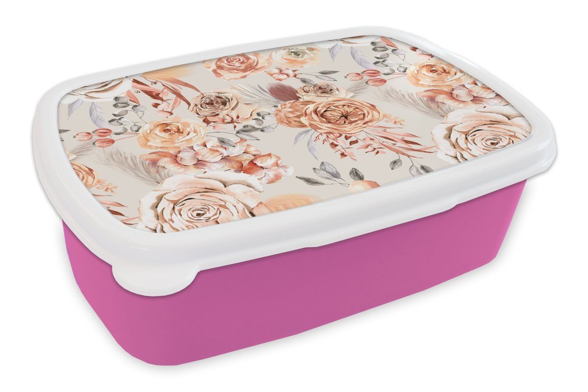 MuchoWow Lunchbox Rosen - Orange - Braun - Rot, Kunststoff, (2-tlg), Brotbox für Erwachsene, Brotdose Kinder, Snackbox, Mädchen, Kunststoff rosa