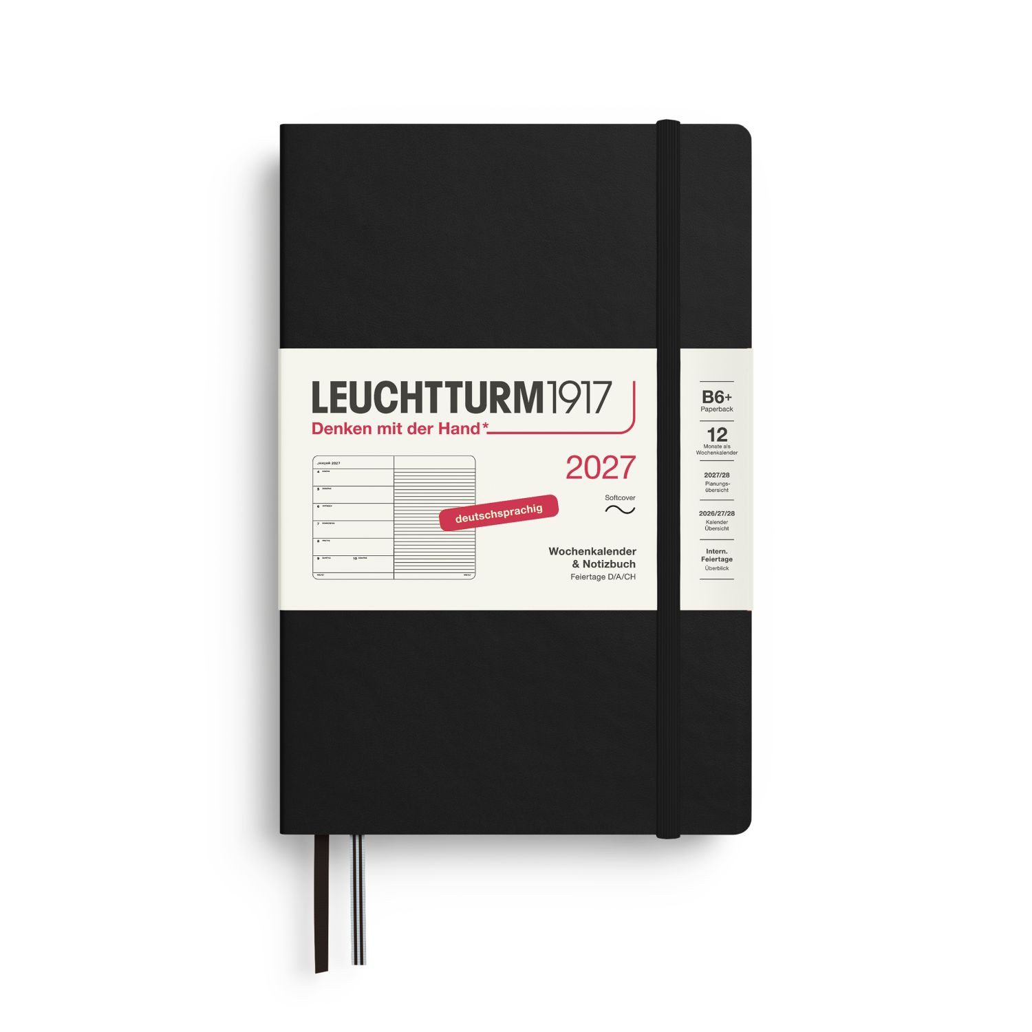 Leuchtturm1917 Taschenkalender Wochenkalender 2027 & Notizbuch Paperback B6+ Softcover Schwarz