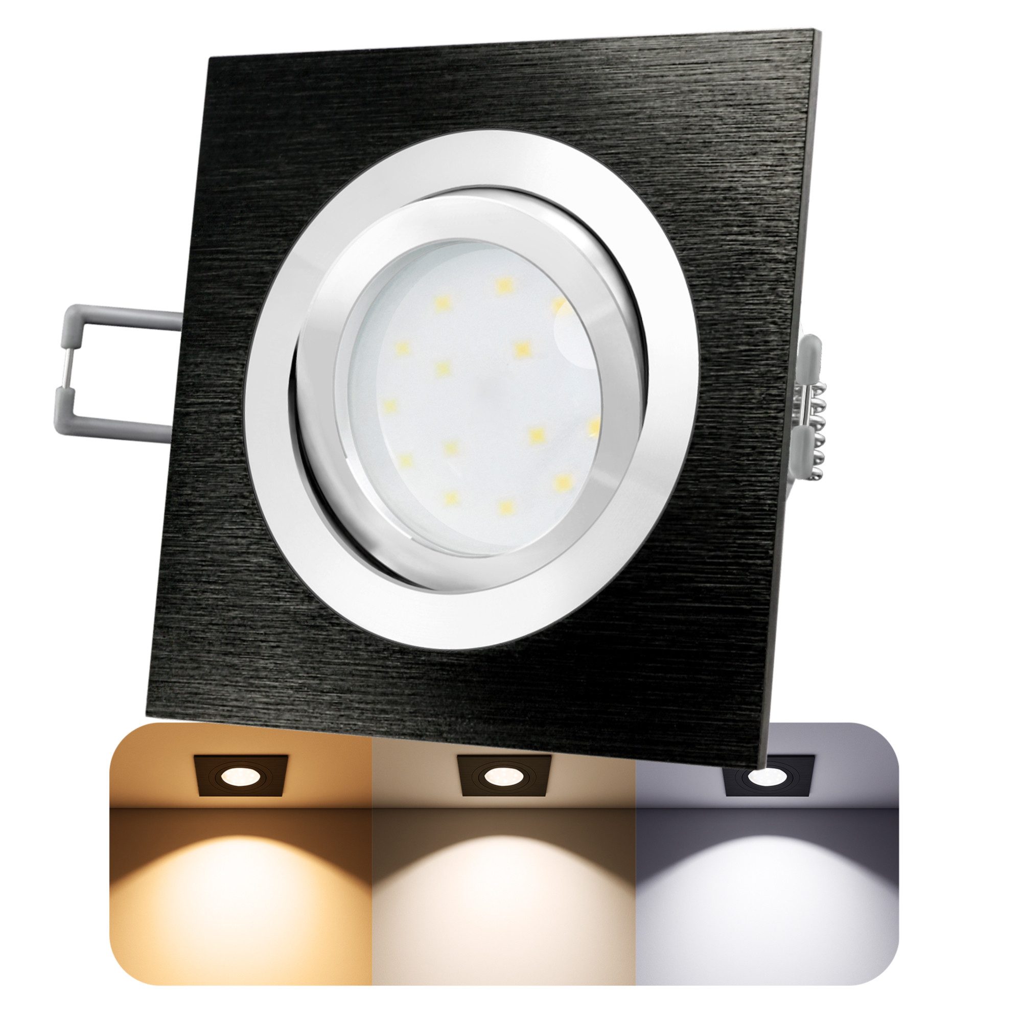 SSC-LUXon LED Einbaustrahler Einbauspot QF-2 gebürstet schwarz schwenkbar LED 5W drei Lichtmodi, Neutralweiß, Warmweiß, Tageslichtweiß