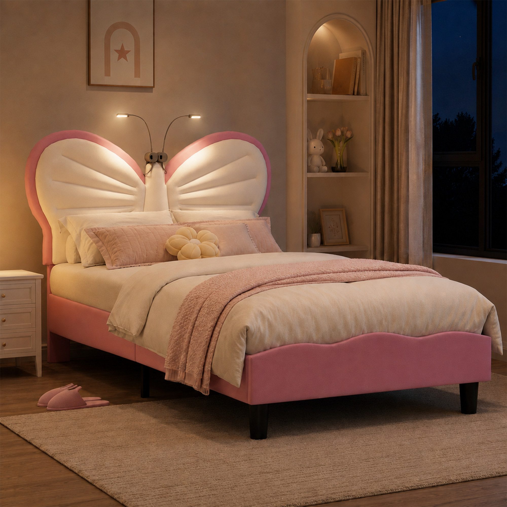 Simurq Prinzessinbett Kinderbett 90x190/90x200 cm Schmetterling Polsterbett (Prinzessinnenbett, höhenverstellbarem Samt-Kopfteil), Jugendbett Einzelbettmit LED-Leselampe