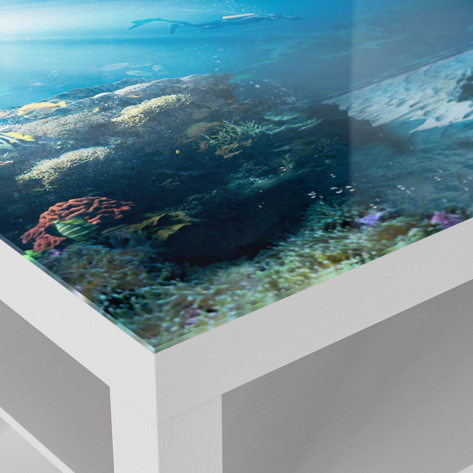 Couchtisch modern Glastisch Weiß Beistelltisch DEQORI 'Korallenriff-Taucher', Glas