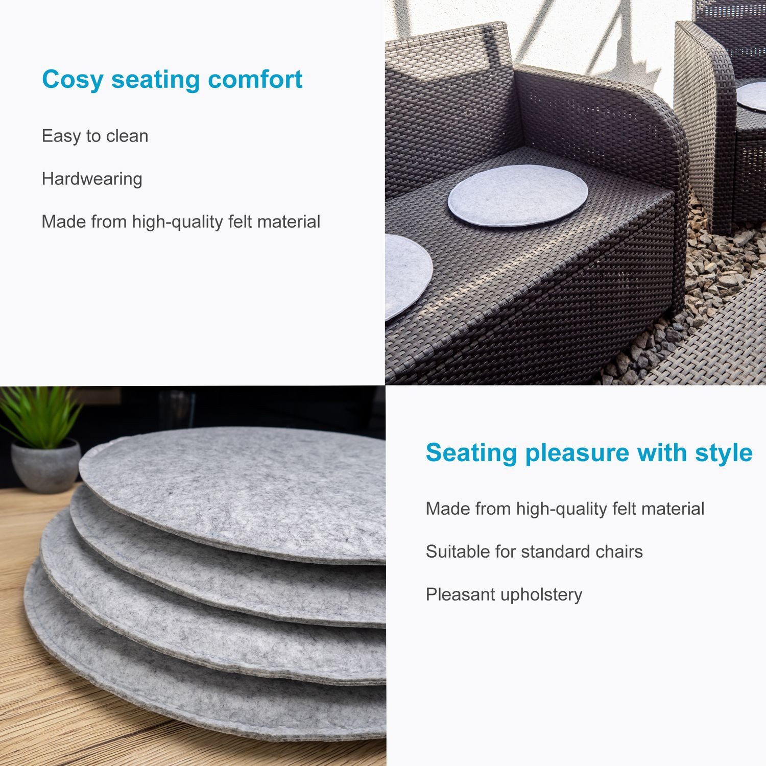Intirilife Sitzkissen, Stuhlkissen Set aus Filz in Grau Dekokissen Indoor Outdoor 31.5x2.5 cm