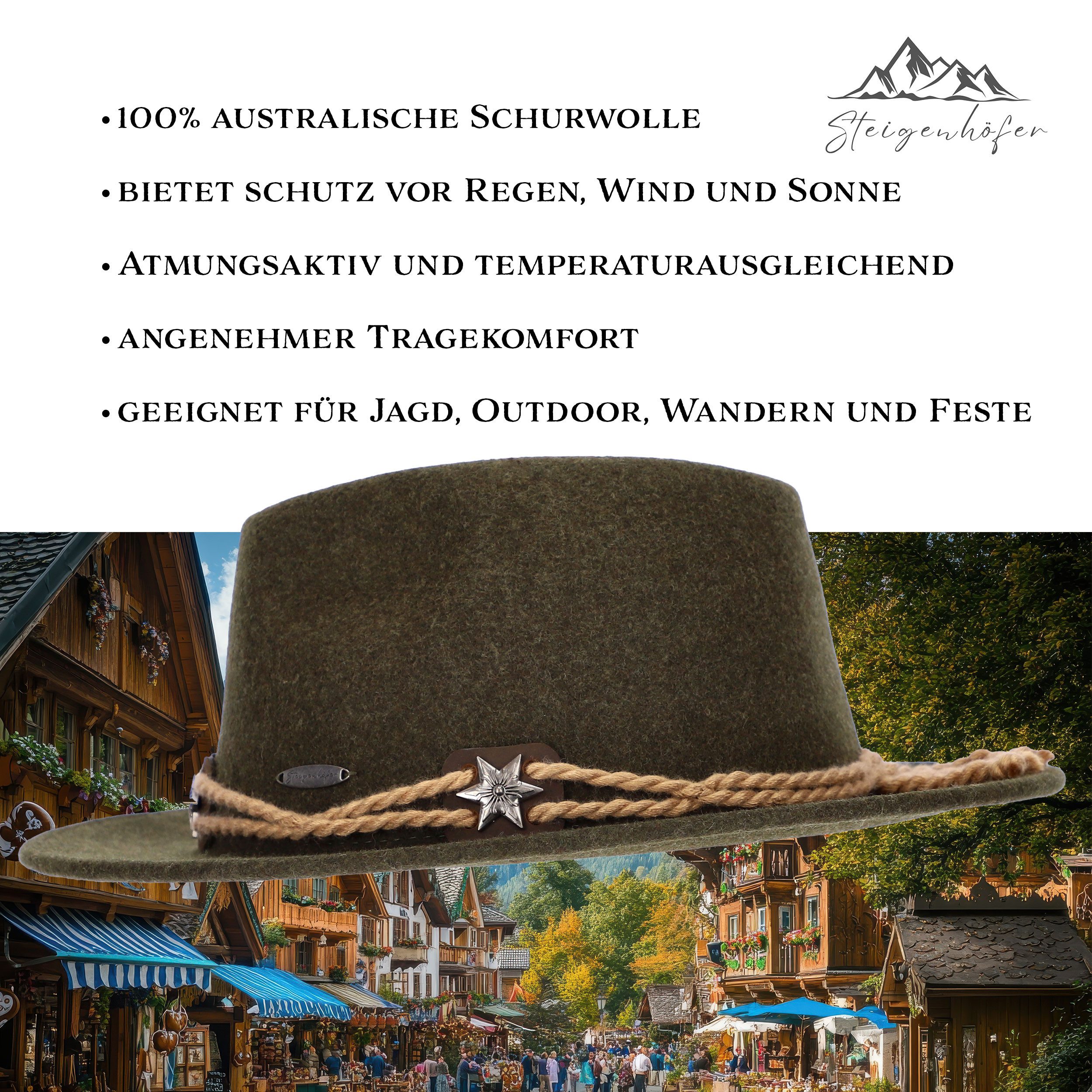 Steigenhöfer Manufaktur Trachtenhut Herren Georg - bayrischer Wanderhut Tiroler Art aus 100% Schurwolle Größenverstellbar und integriertes Schweißband, Ideal fürs Oktoberfest