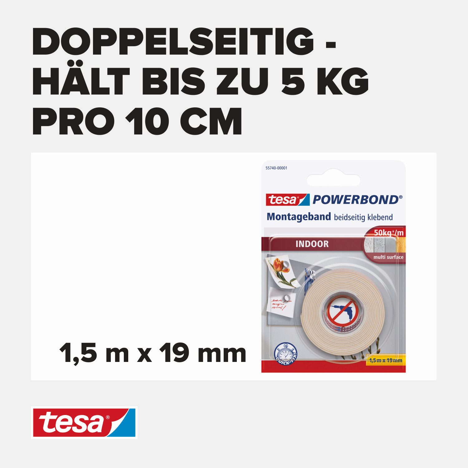 tesa Doppelklebeband (Packung, 1-St) extra starkes Montageband - Wandbefestigung ohne Bohren - 5 m : 19 mm