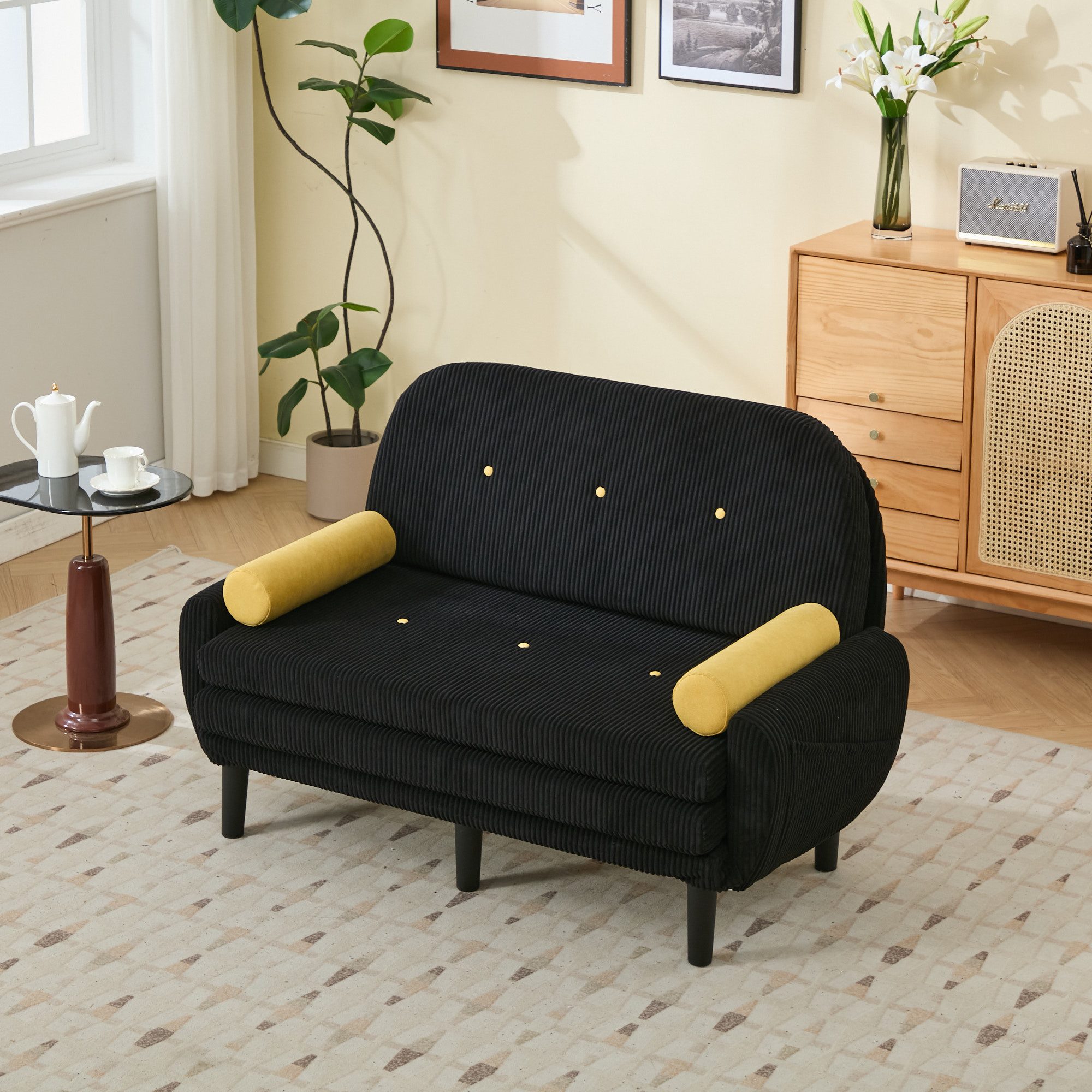 HAUSS SPOLE Loungesofa Relaxsofa mit verstellbarer Rückenlehne,Relaxsessel mit Kissen,Schwarz, Sitzliege Klappsofa mit Metall-Rahmen für das Wohnzimmer, Gästebett-Sofa Multifunktionssofa inklusive 2 Rundkissen