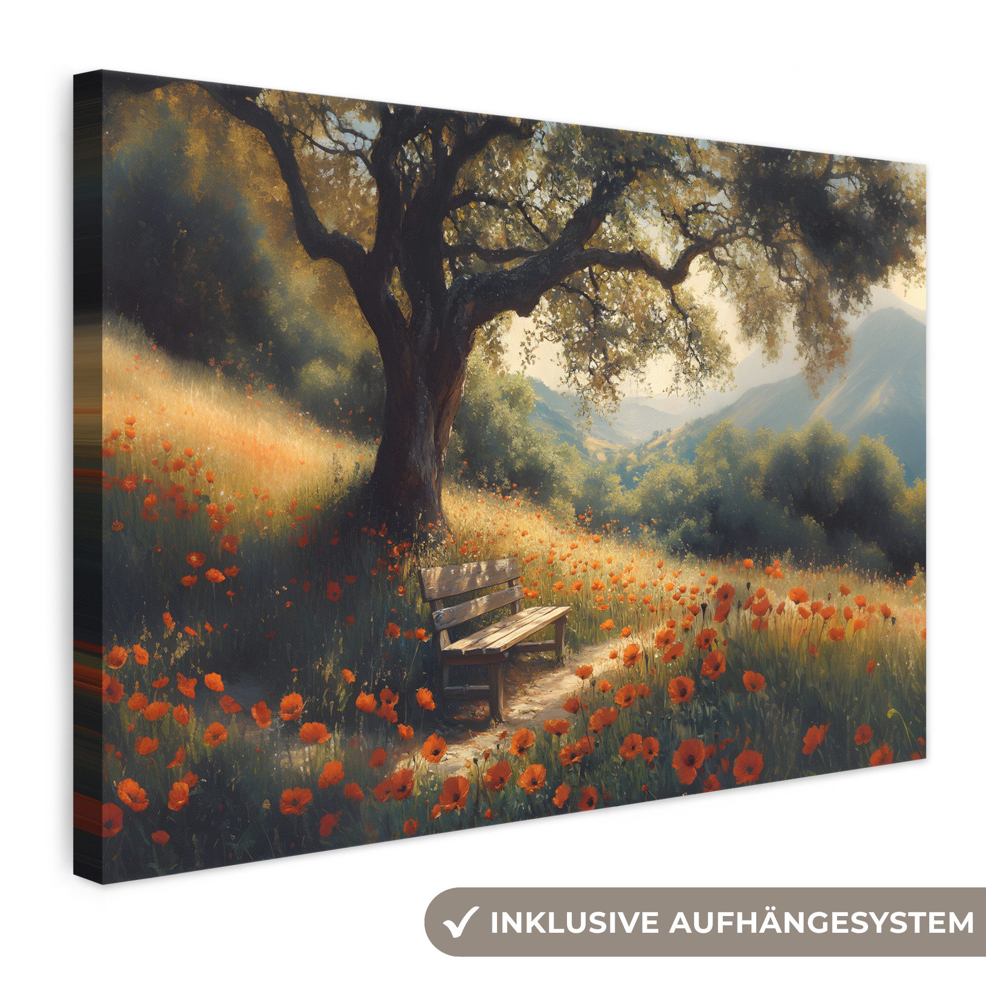 OneMillionCanvasses® Leinwandbild Bank - Baum - Mohnblumen - Hügel, Fotodruck (1 St), Leinwand Bilder Klein, Wand Dekoration Aesthetic 30x20 cm