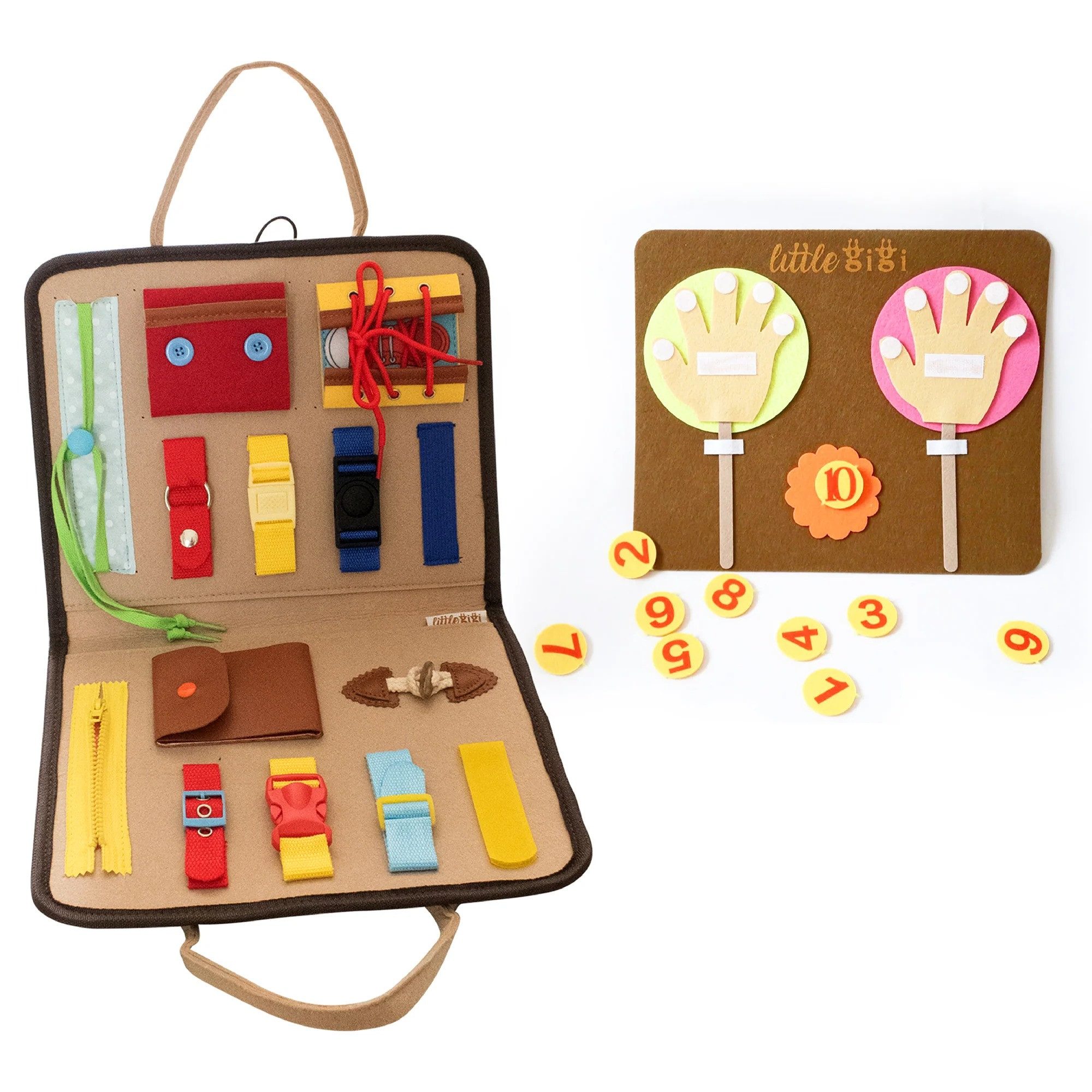 LA CUTE Motorikbrett Motorik & Lernspielzeug – Montessori Busy Board mit Zahlen, (Montessori-Spielzeug zur Förderung von Motorik & Zählen), Interaktive Lernspieltasche mit Motorik- & Mathematik-Übungen
