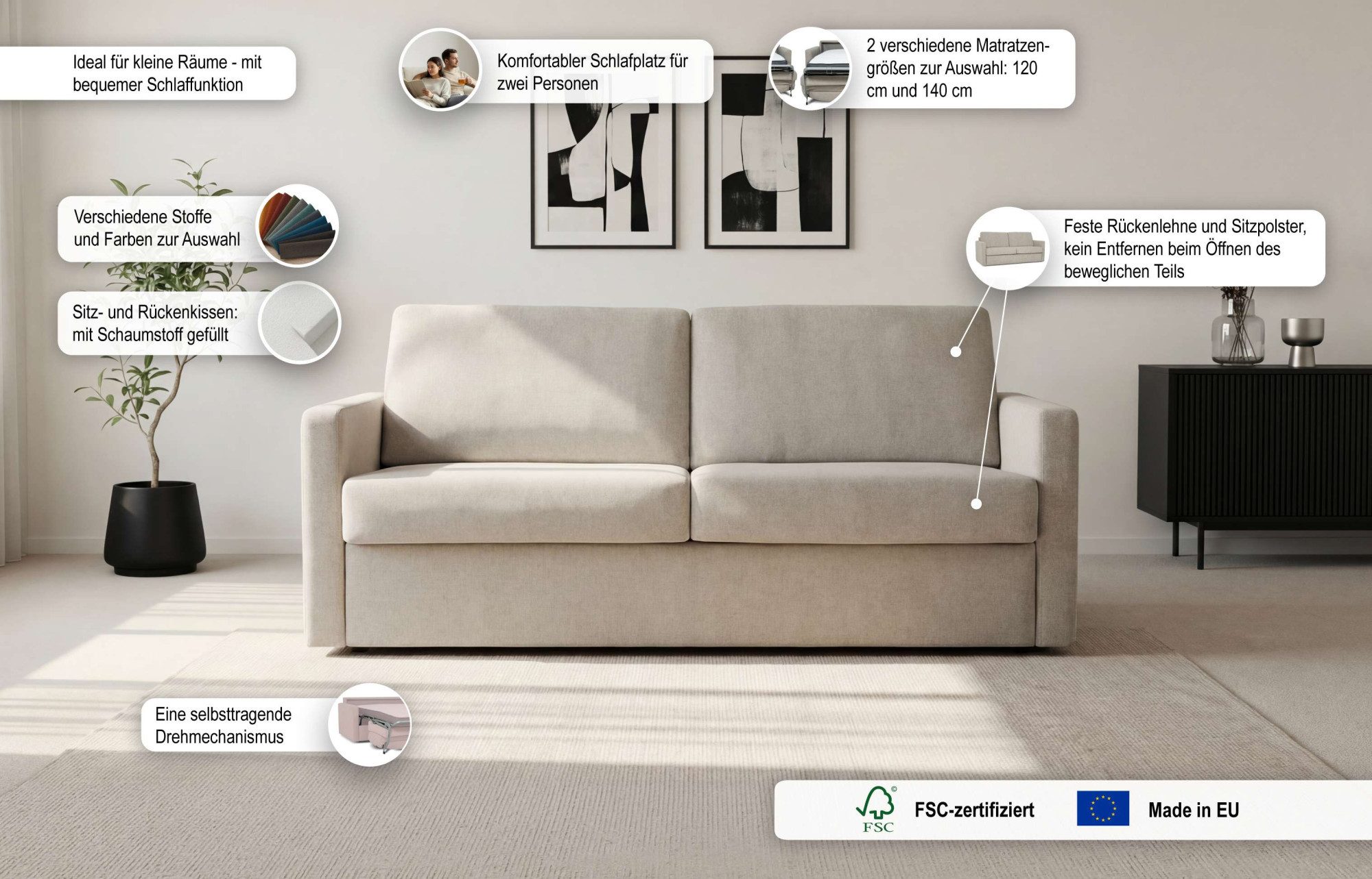 Home affaire Schlafsofa GOLDPOINT 182cm, Dauerschläfer, Liegefläche 140/200 cm, 3-Sitzer mit Dauerschläfer-Funktion, Bonell-Federkernmatratze