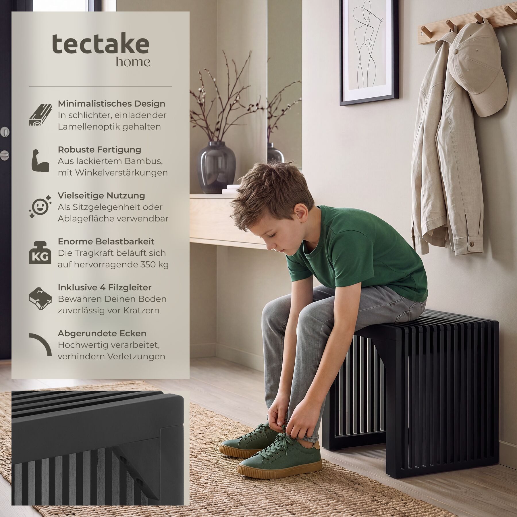 tectake Sitzhocker Bank mit Lamellenoptik aus lackiertem Bambus, belastbar 350 kg (Holz Sitzbank Ribb, in Schwarz), Mit Winkelverstärkung und bodenschonenden Fi – Bild 2 von 5