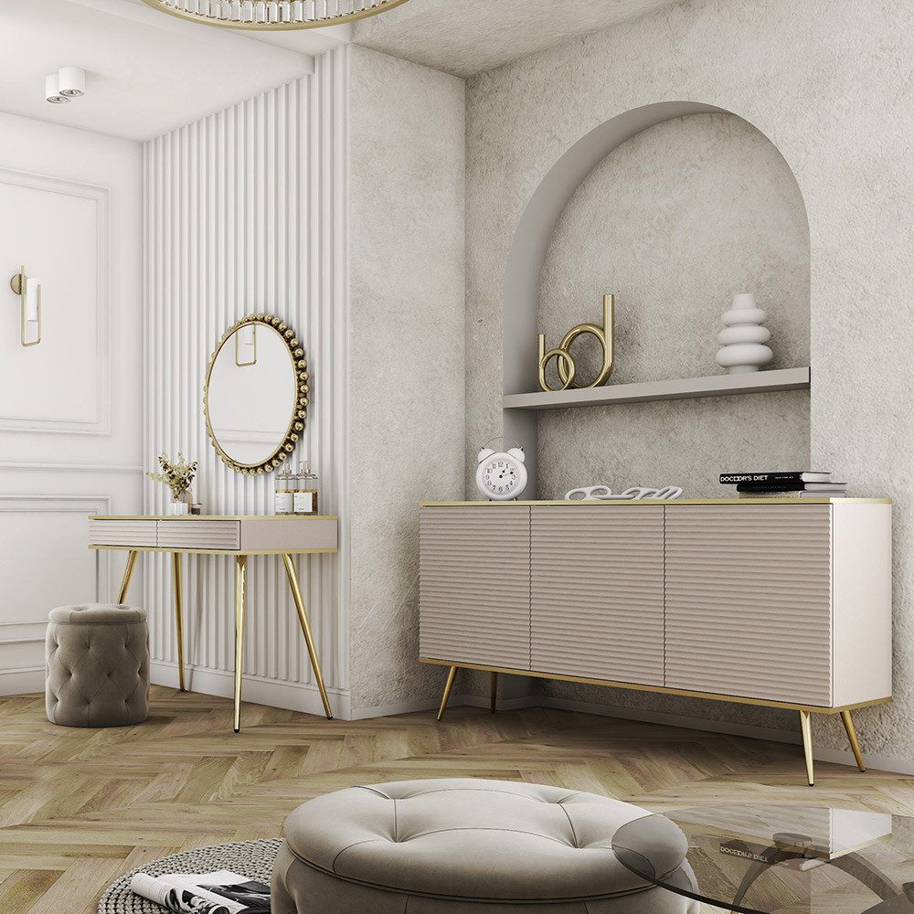 Lomadox Wohnzimmer-Set OLOVO-160, (Mega-Spar-Set, 2-St., Schminktisch), Beige, Rillenfront, goldene Highlights und Füße, Push-to-open