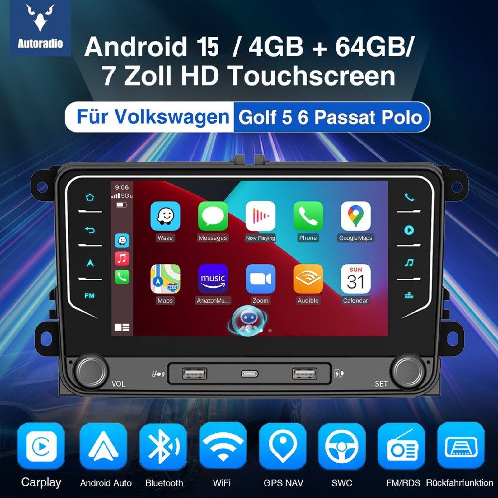 ESSGOO 7" Android 15 Für VW GOLF 5 6 Touran EOS Tiguan Polo 6R Passat Caddy Autoradio (RDS, 4+64G(optional), DAB (optional), FM, DAB+ (optional), Carplay Android Auto DAB (optional), RDS, FM, 4+64GB, SWC, GPS NAVI)