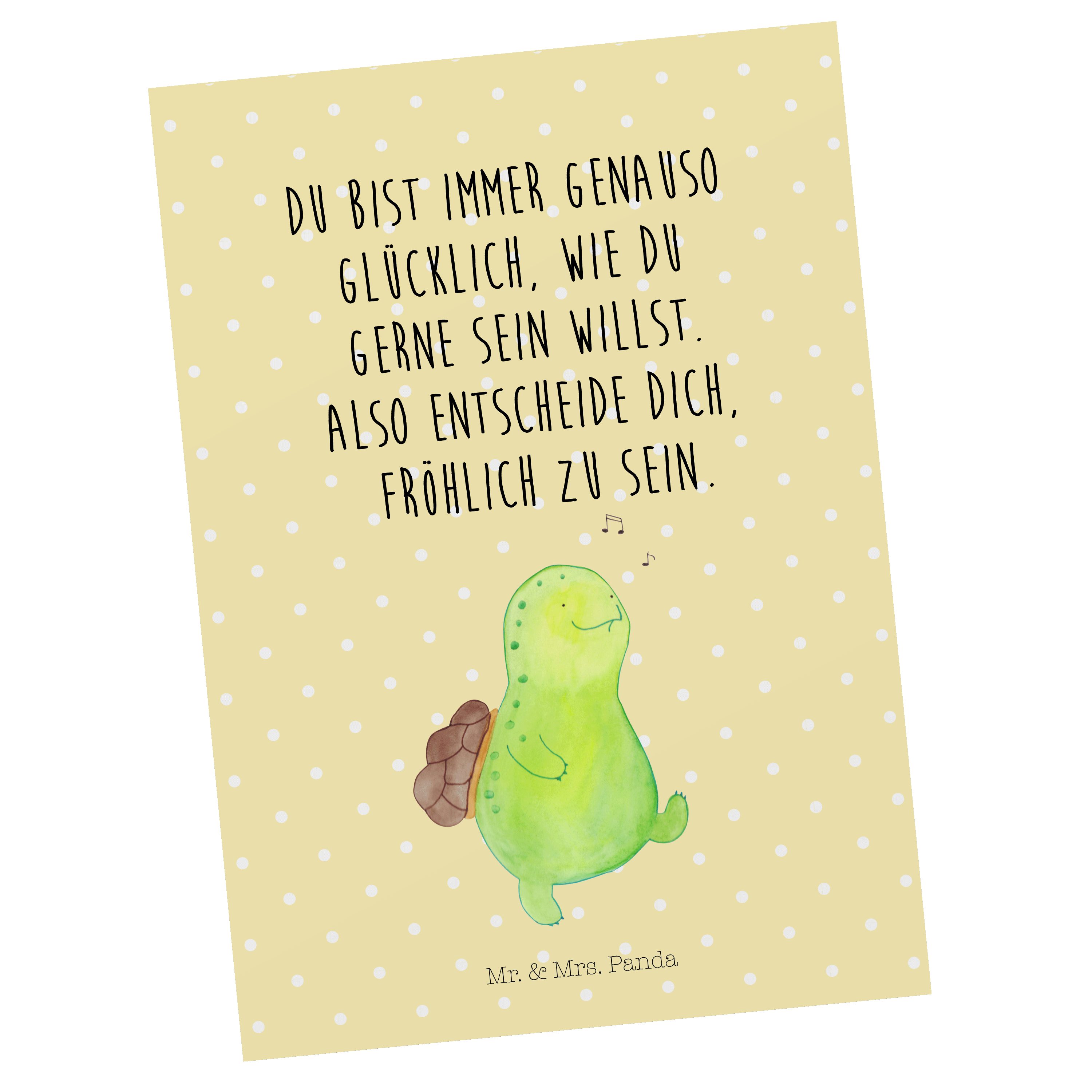 Mr. & Mrs. Panda Postkarte Schildkröte pfeift - Gelb Pastell - Geschenk, Spazieren, Karte, Danke