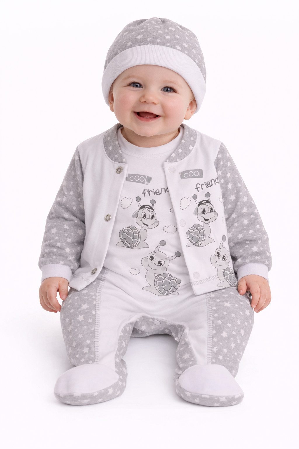 La Bortini Strampler Baby Anzug Stramplerhose Hemdchen Mütze Set neutral (für Jungen und Mädchen, 3-teilig) aus Baumwolle, 44 50 56 62 68 74, für Neugeborene