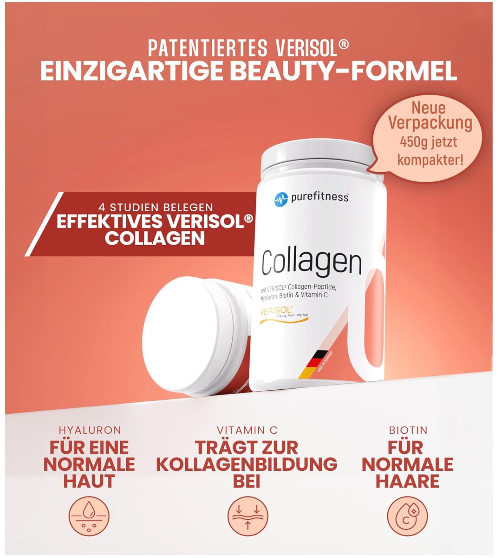 Purefitness Kollagen Pulver Komplex mit Verisol Collagen Peptide (450g / 600g) Pulver, 450 g
