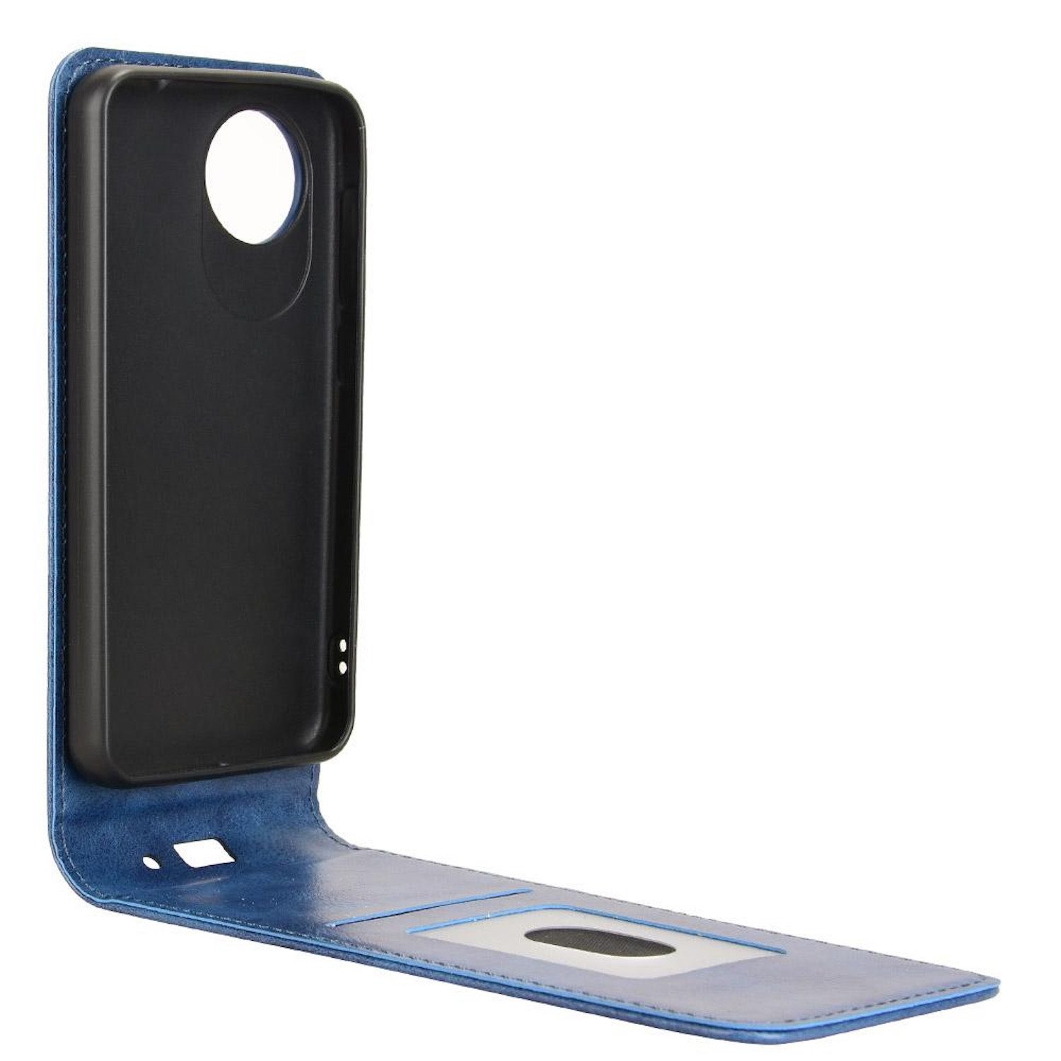 Wigento Handyhülle Für ZTE Blade A35 Lite Vertikale Flip Handy Tasche Hülle Cover Blau, Vertikales Flip Kunst-Leder Handyhülle mit Kartenfach