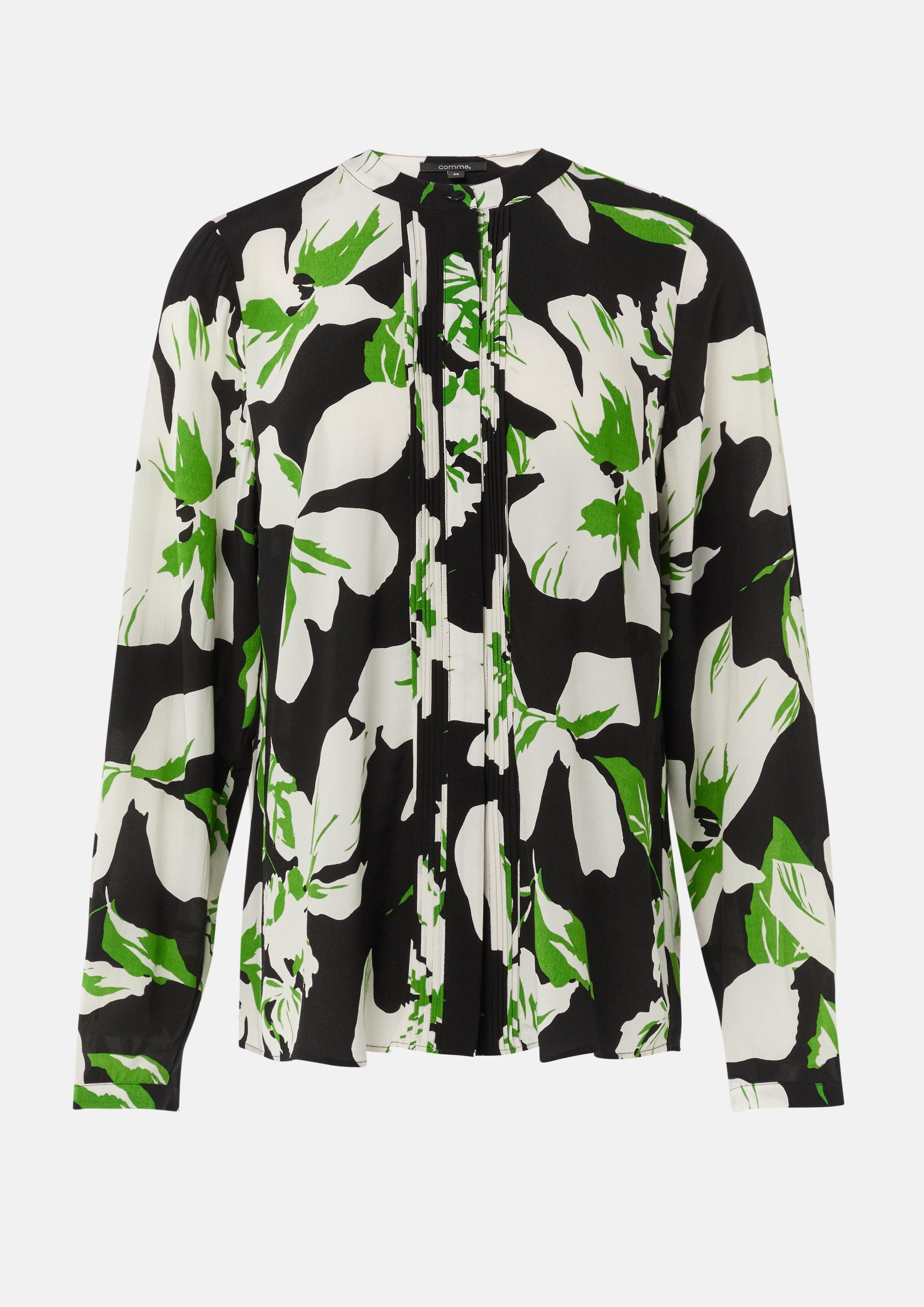 Langarmbluse Gemusterte Bluse mit verdeckter Knopfleiste und Biesen