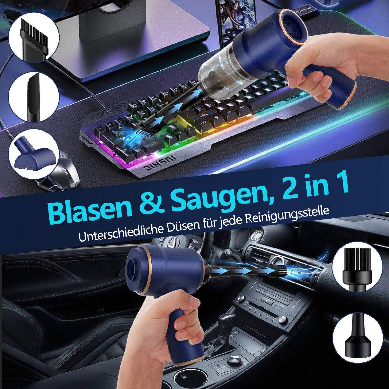 Tekoo Akku-Handstaubsauger 2-in-1 mit Blasfunktion, 5300Pa für Auto & Büro, 120 W, beutellos, 2-in-1 Saug- und Blasfunktion, geringes Gewicht, hohe Saugkraft