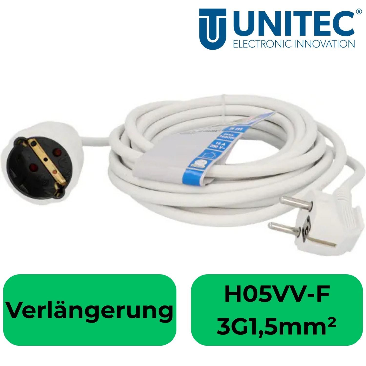 UNITEC Schuko Verlängerungskabel 5m Weiß IP20 Innen Steckdosenverteiler 1-fach (5m Kabel, IP20, Schutzkontaktkupplung, Schutzkontaktstecker, Kabellänge 5 m), Strom-Verlängerung Stromkabel Kabel Schuko-Stecker Schuko-Kupplung