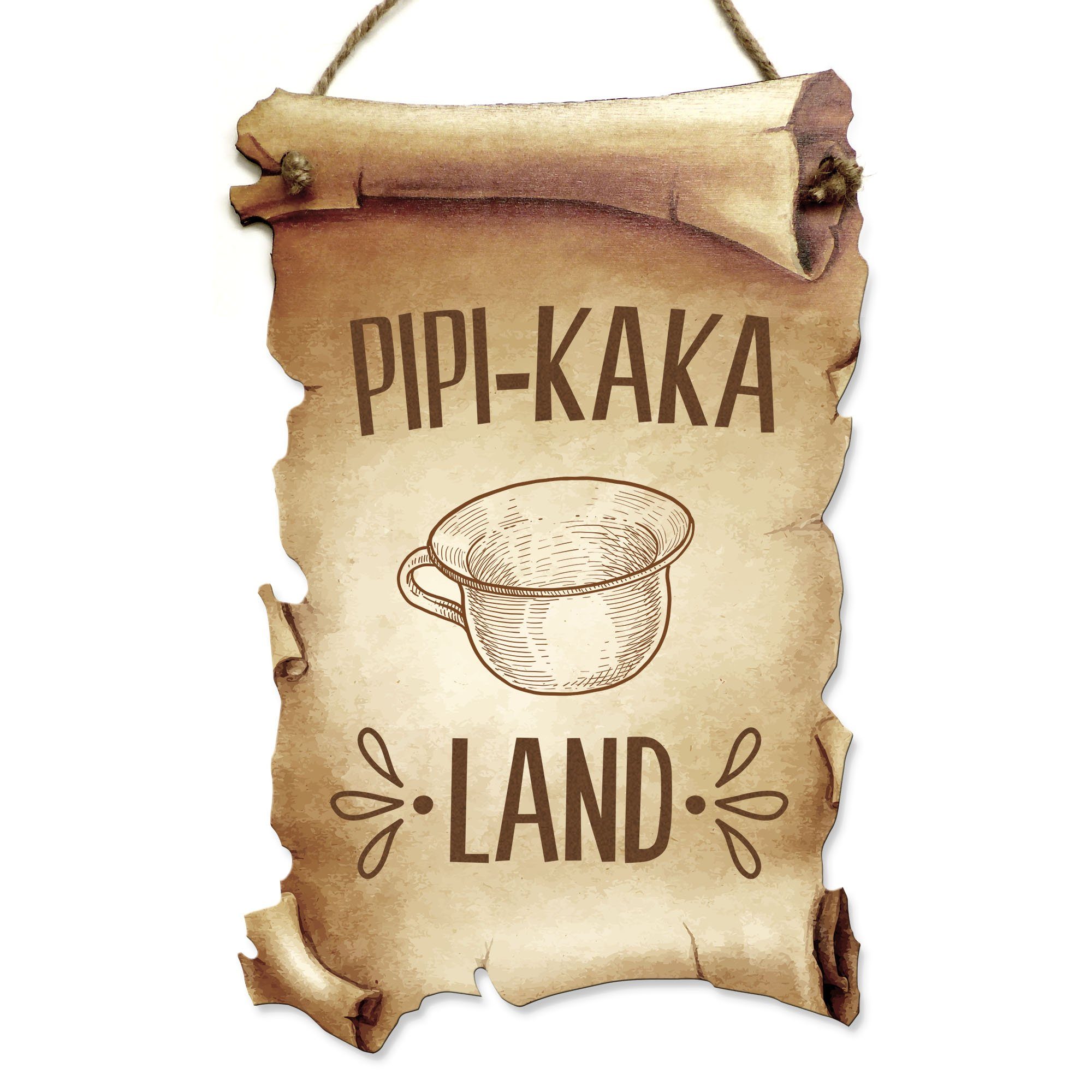 Kreative Feder Wanddekoobjekt Deko-Schild „Pipi-Kaka Land“ aus Holz in Schriftrollen-Optik, mit Motiv & Spruch, ideales Geschenk für Freunde & Familie