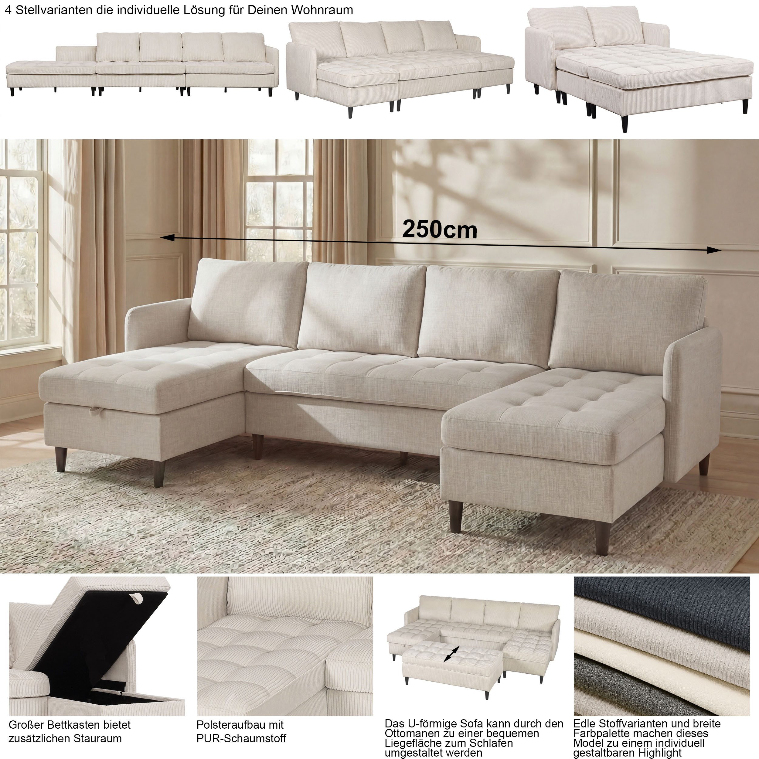 Dorel Home Wohnlandschaft LINDHUS, Chenille, Modulsofa, verschiedene Stellvarianten, Breite als U-Form (254cm) mit Verbindern fixierbar, Recamiere,Stauraum