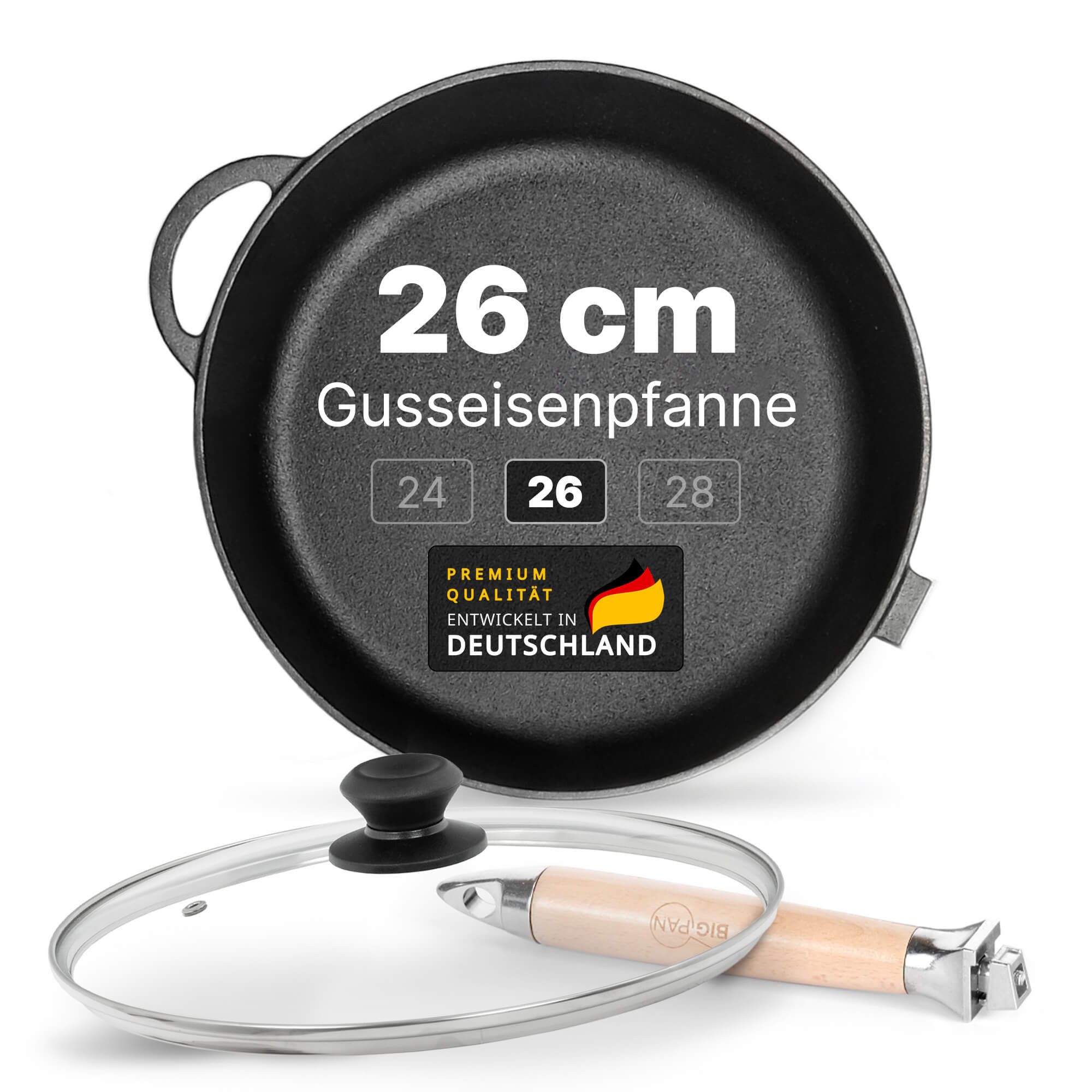 BIG-PAN Schmorpfanne Premium Gusseisenpfanne 26 cm tief Induktion mit abnehmbarem Holzgriff, Gusseisen (Pfanne Gußeisenpfanne Glasdeckel, Cast Iron Pan Eisenpfanne), Induktion backofenfest UNBESCHICHTET