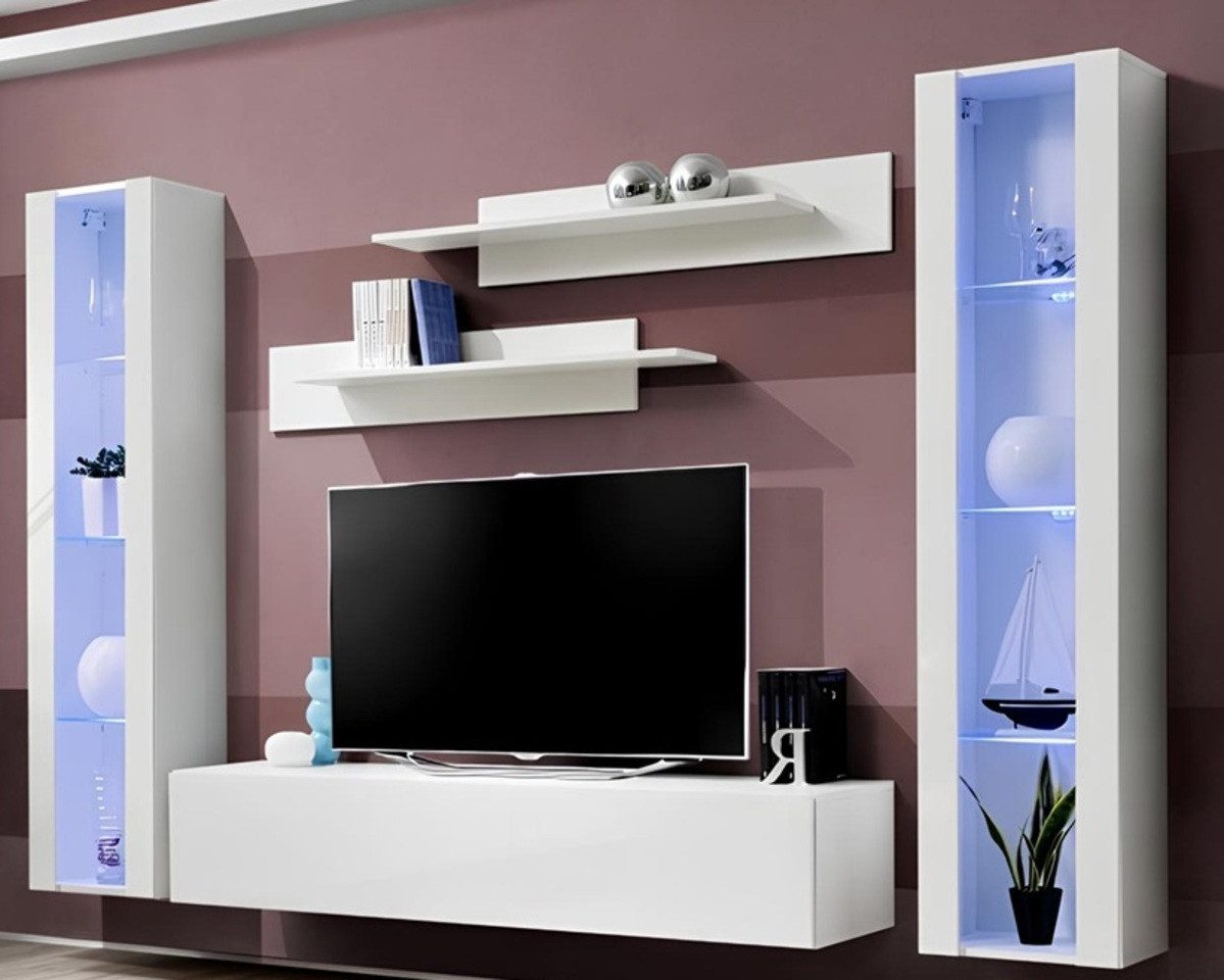 Xlmoebel Wohnwand Wandregal mit Hängeschränken in stilvollem Design aus Holz, (6-St., Wohnwand, 2x Hänge Vitrine, TV Ständer, 2x Wandregal), Hergestellt in Europa
