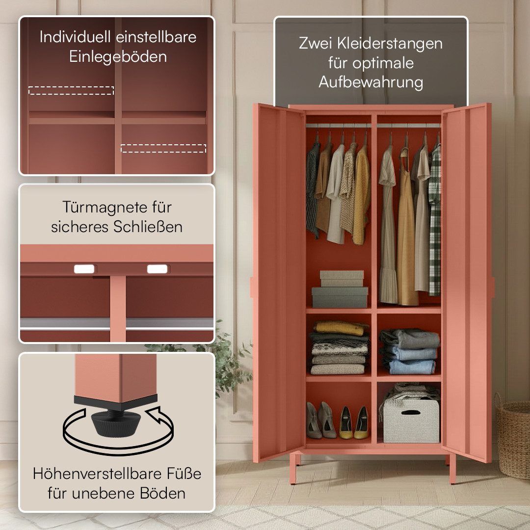 skølm Kleiderschrank Ituri aus Metall (Rostrot) Metallschrank mit 6 Fächern & 2 Kleiderstangen, 170x80x45 cm
