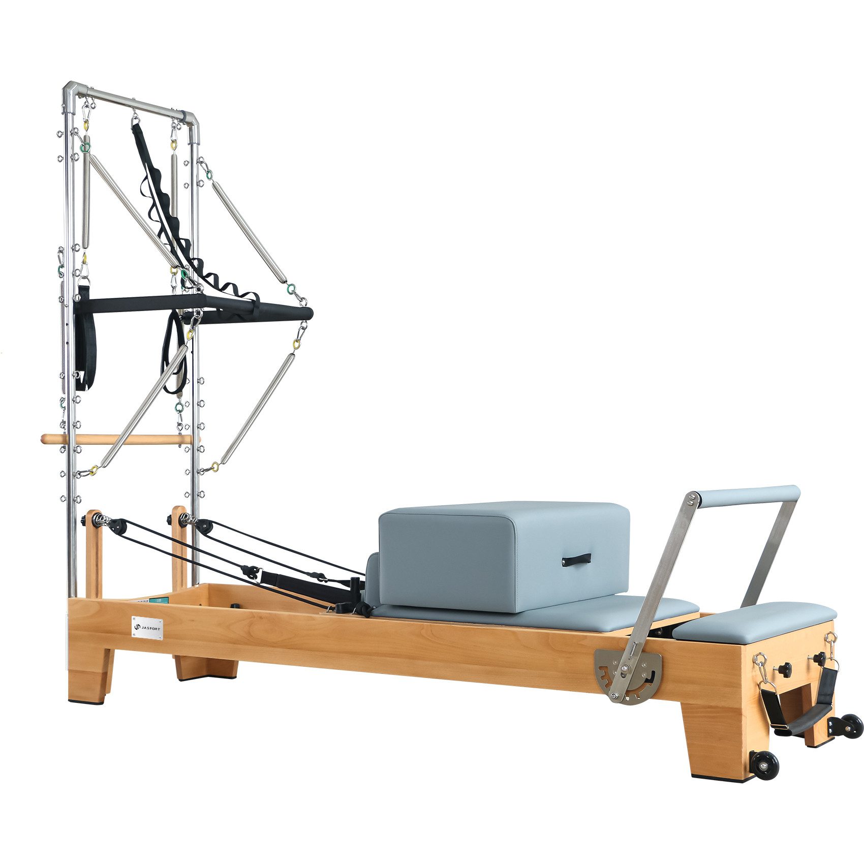 JASPORT Pilates-Reformer B80 mit Tower aus Buchenholz, 450 kg belastbar, (Pilates Reformer Set inkl. Tower und Zubehör), Massives Buchenholz, Mehrfaches Federsystem