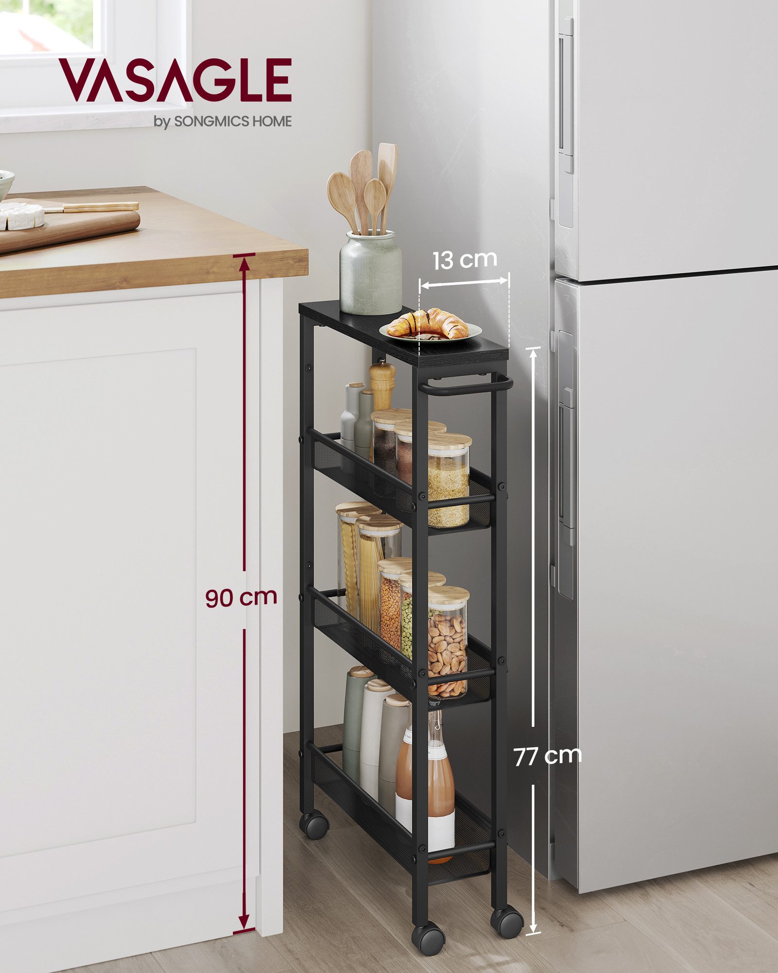 VASAGLE Beistellwagen, Rollwagen 4 Ebenen, Küchenwagen schmal, Nischenregal günstig online kaufen