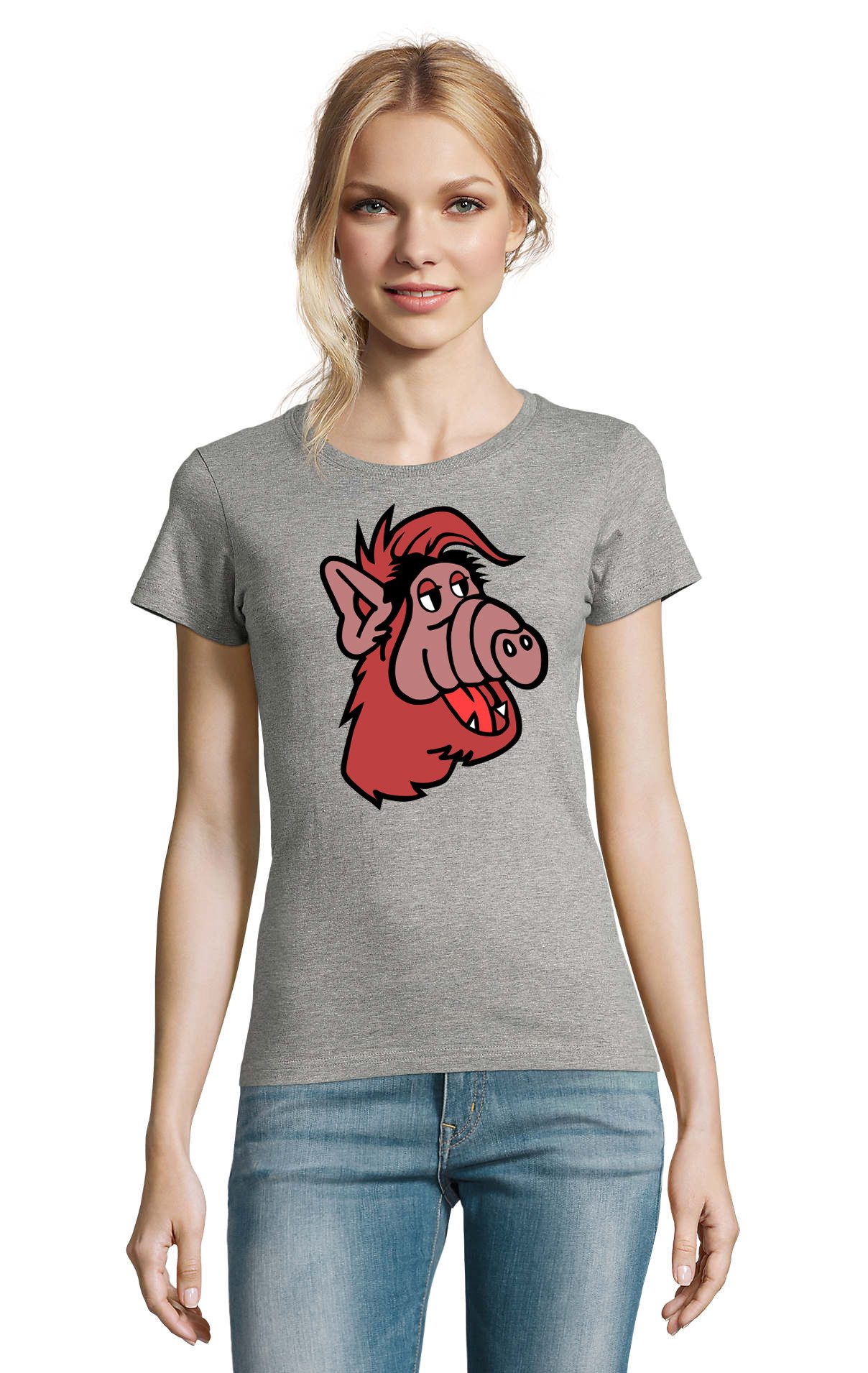 Blondie & Brownie T-Shirt Alf Damen T Shirt Cartoon Print Rundhals Baumwolle Freizeitmode (Einzelstück, Einzelartikel) Alf Damentshirt Cartoon Print Edition