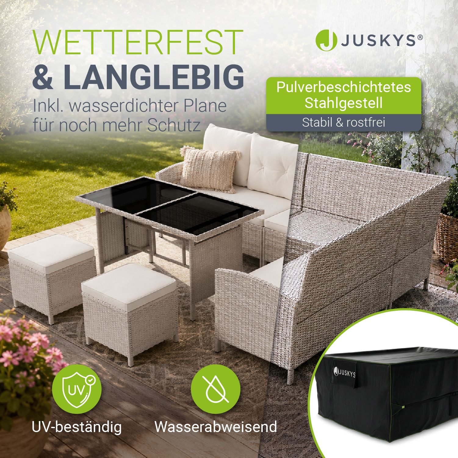 Juskys Gartenlounge-Set Manacor, (Gartenlounge), Polyrattan Gartenmöbel-Set mit Sofa, Tisch und Hocker inkl. Abdeckung