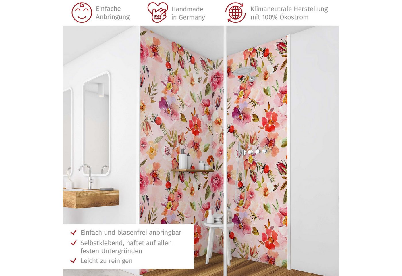 Thumbnail - Bilderdepot24 Badrückwand Aquarell rosa Duschrückwand ohne Bohren Dusche Muster, (2-tlg., Hart-Folie Premium matt 0,61 m...