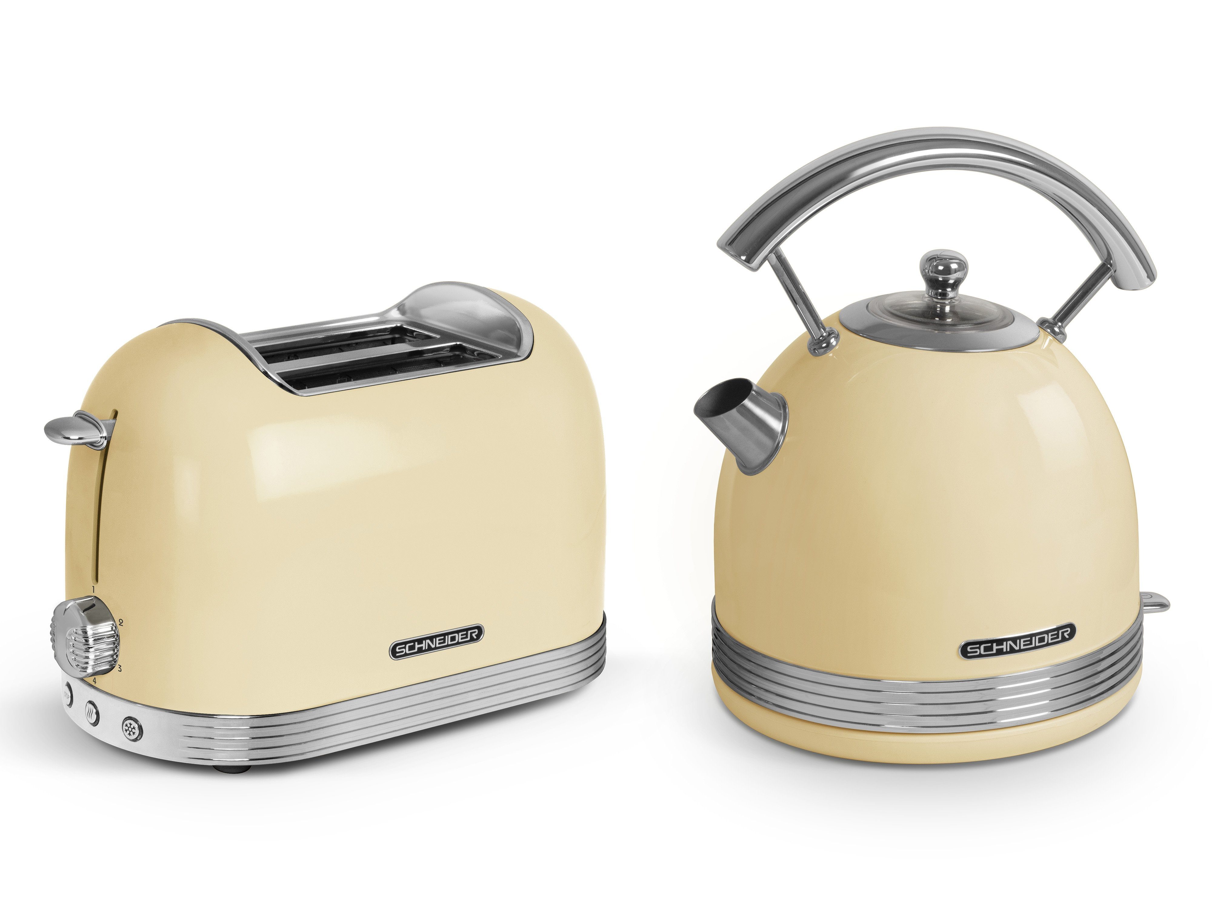 SCHNEIDER Toaster Retro Frühstückset, 2 kurze Schlitze, für 2 Scheiben, 815 W, Wasserkocher 1,7 L Volumen 2200 W, 360° Sockel. Reduzierter Preis € 119,90. Unverbindliche Preisempfehlung € 139,90
