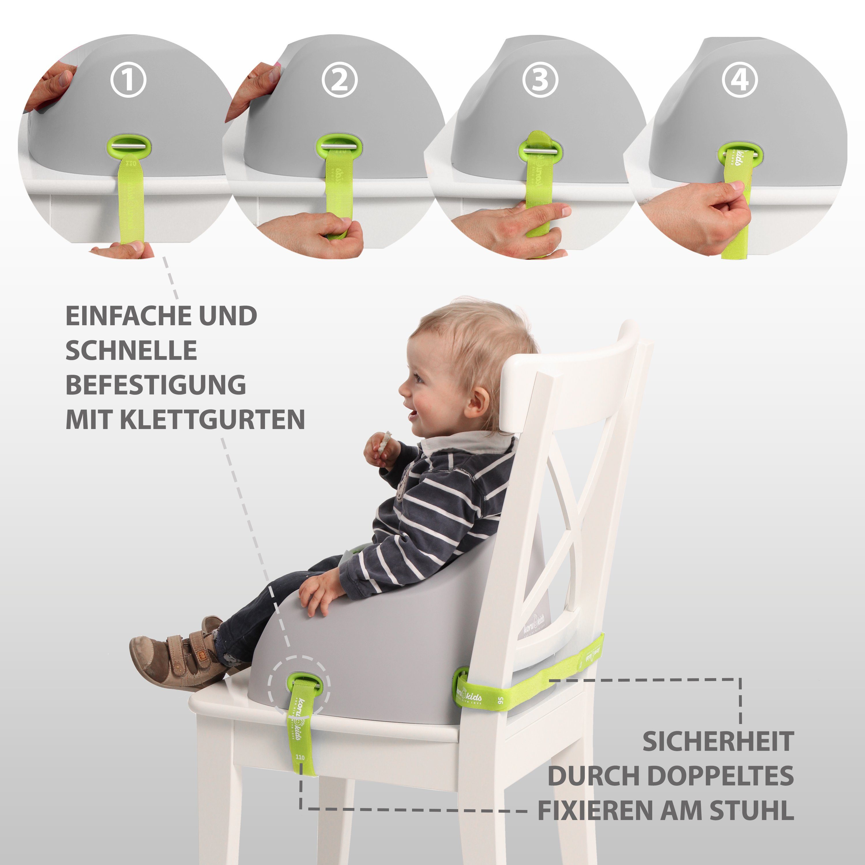Koru Kids Kindersitzerhöhung Toddler plus, stapelbar, bis: 7 Leicht 40,00 Booster, Monate, fixieren, kg, zu Jahre ab: bis: 12 Grey zu robust Stuhl reinigen, leicht am
