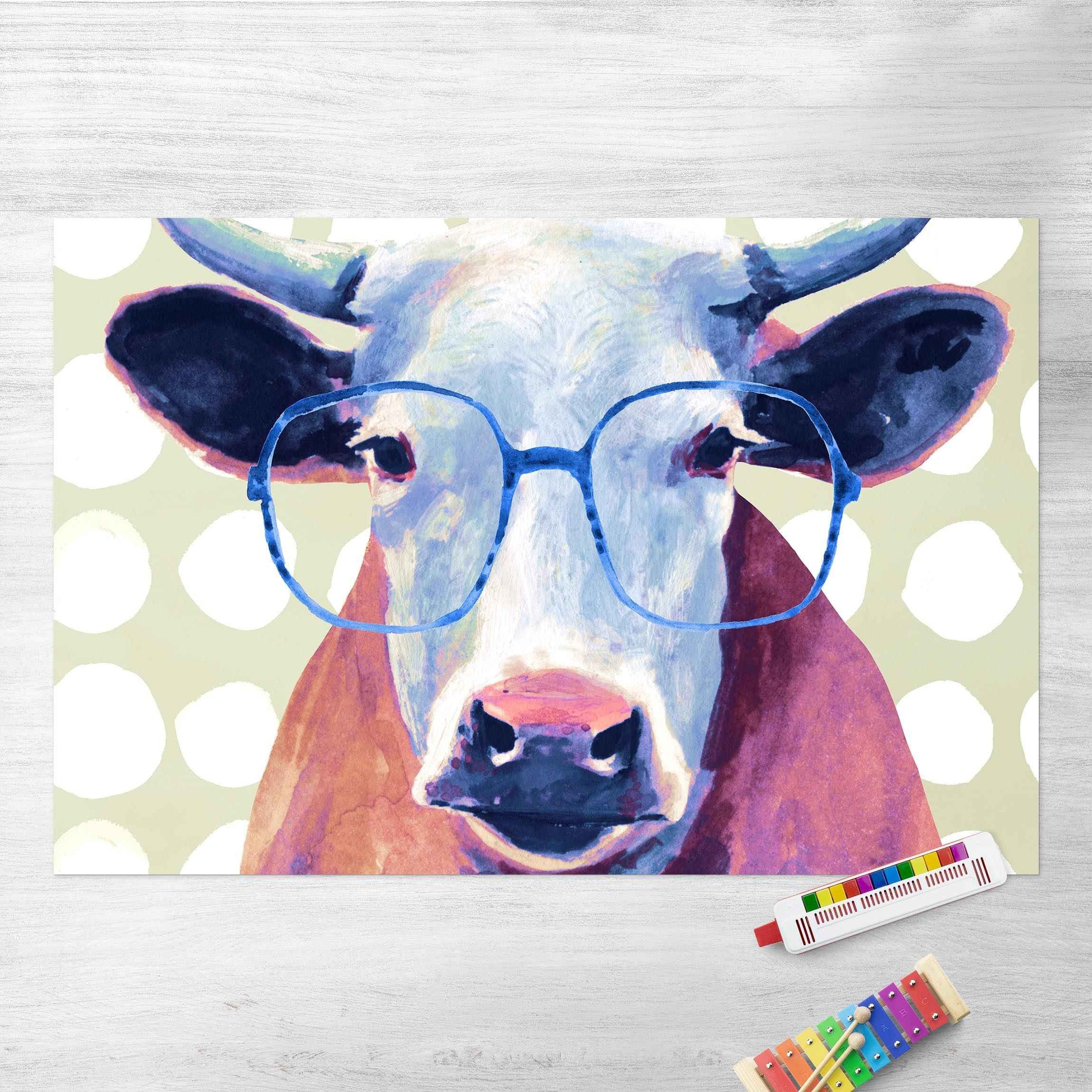 Bilderdepot24 Teppich Vinyl Kinderzimmer Tiere Kuh Mädchen Jungen funktional, rechteckig - violett glatt, nass wischbar (Saft, Tierhaare) - Saugroboter & Bodenheizung geeignet