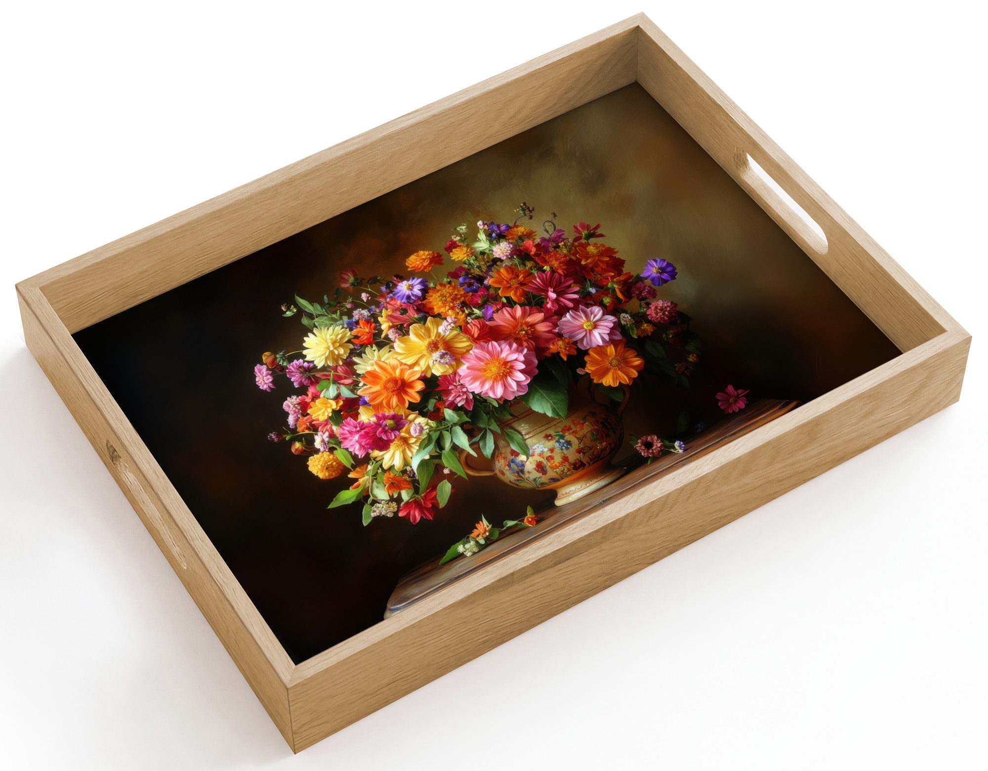 OnlyWow Tablett Rechteckig mit Henkel Farben - Blumenstrauß - Vase - Holz, Eichenholz, (1-tlg), Siervierplatte, Tray, Frühstücksbrett