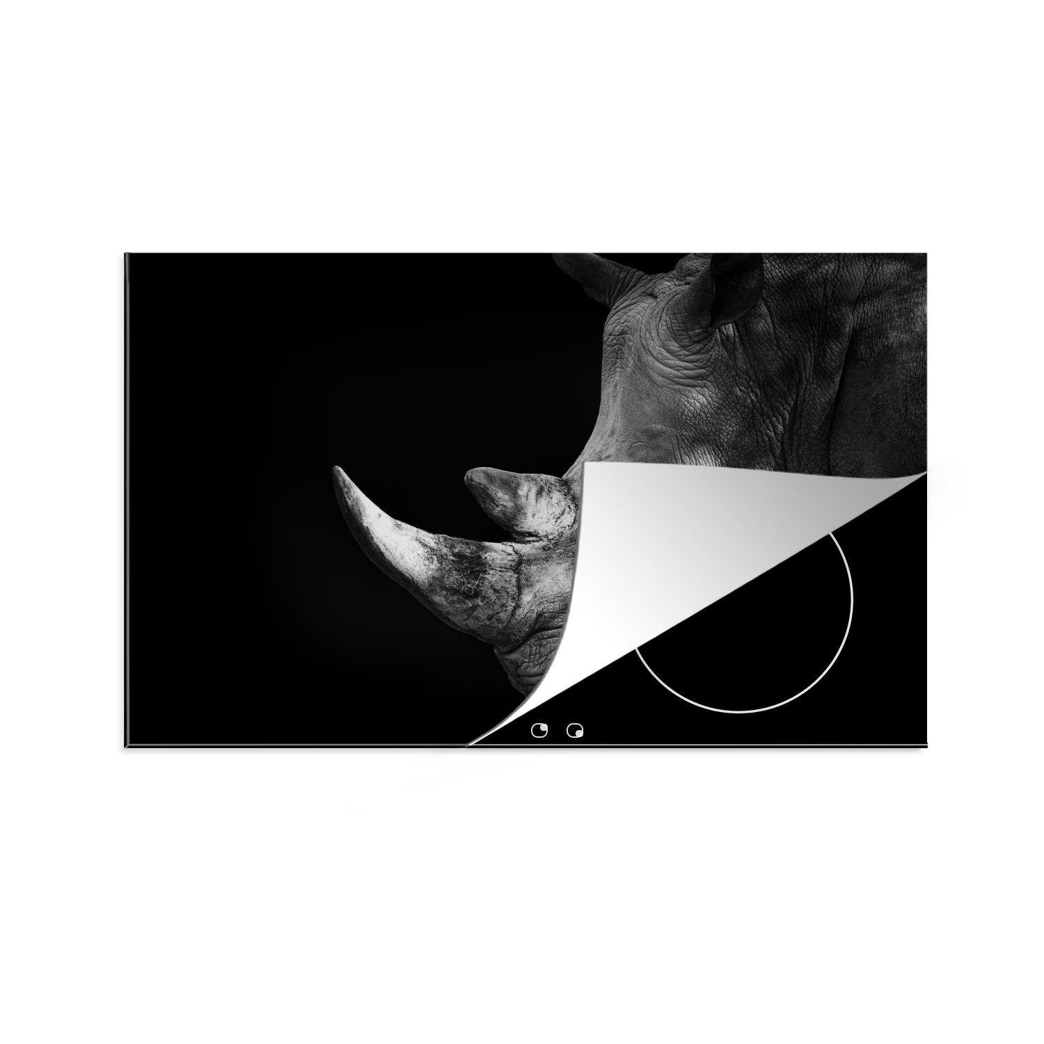 MuchoWow Herdblende-/Abdeckplatte Rhinozeros auf schwarzem Hintergrund, Vinyl, (1 tlg), 81x52 cm, Induktionskochfeld Schutz für die küche, Ceranfeldabdeckung